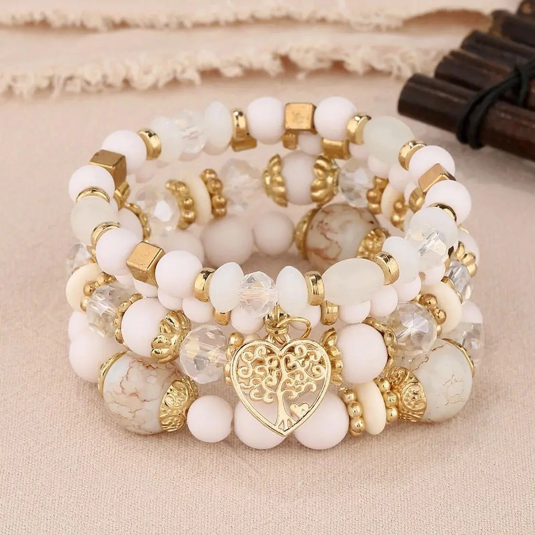 4-Piece Elegant Heart & Tree of Life Charm Bracelet Set for Women, Plastic Beaded Elastic Bangles, 1 Size, One Size