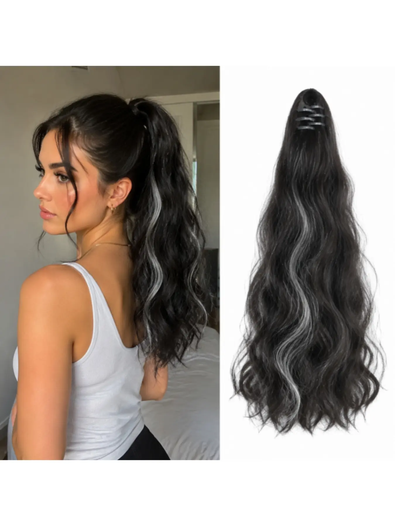 16 Inch Black Gray Highlight Clip In Ponytail Extension | Wavy Synthetic Hairpiece for Women | Instant Volume, Natural Look & Easy Styling Synthetic Ponytail Hairpieces
