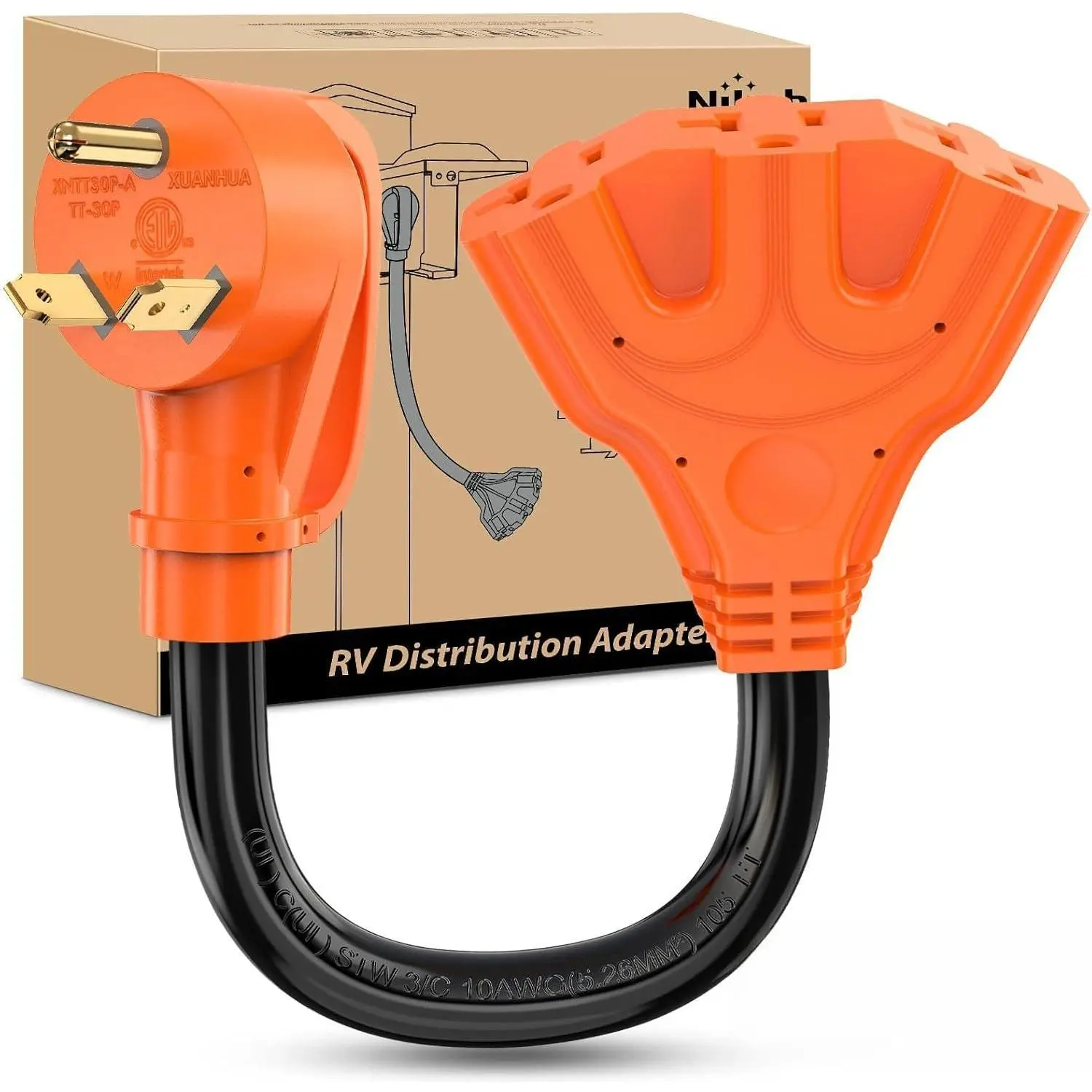 Nilight 30 Amp to 110V RV Power Adapter Cord NEMA TT-30P Male to 3X 5-15R/5-20R Female RV Distribution Adapter Plug ETL Listed 3-Way Outlets for RVs Camper Generator Household Outdoor Power Converter