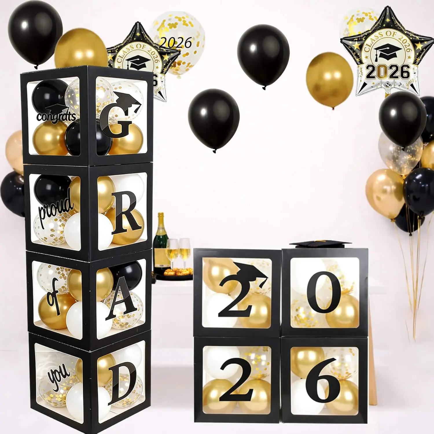 Grad Balloon Boxes for Balloon Arch Kit Black  Graduation Decorations 2026 Party Decor- 4 count Black Balloon Boxes with Letters & Balloons for Class of 2026 Photo Backdrop Props