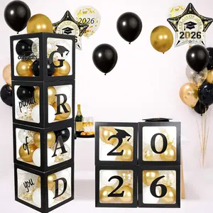 Grad Balloon Boxes for Balloon Arch Kit Black  Graduation Decorations 2026 Party Decor- 4 count Black Balloon Boxes with Letters & Balloons for Class of 2026 Photo Backdrop Props