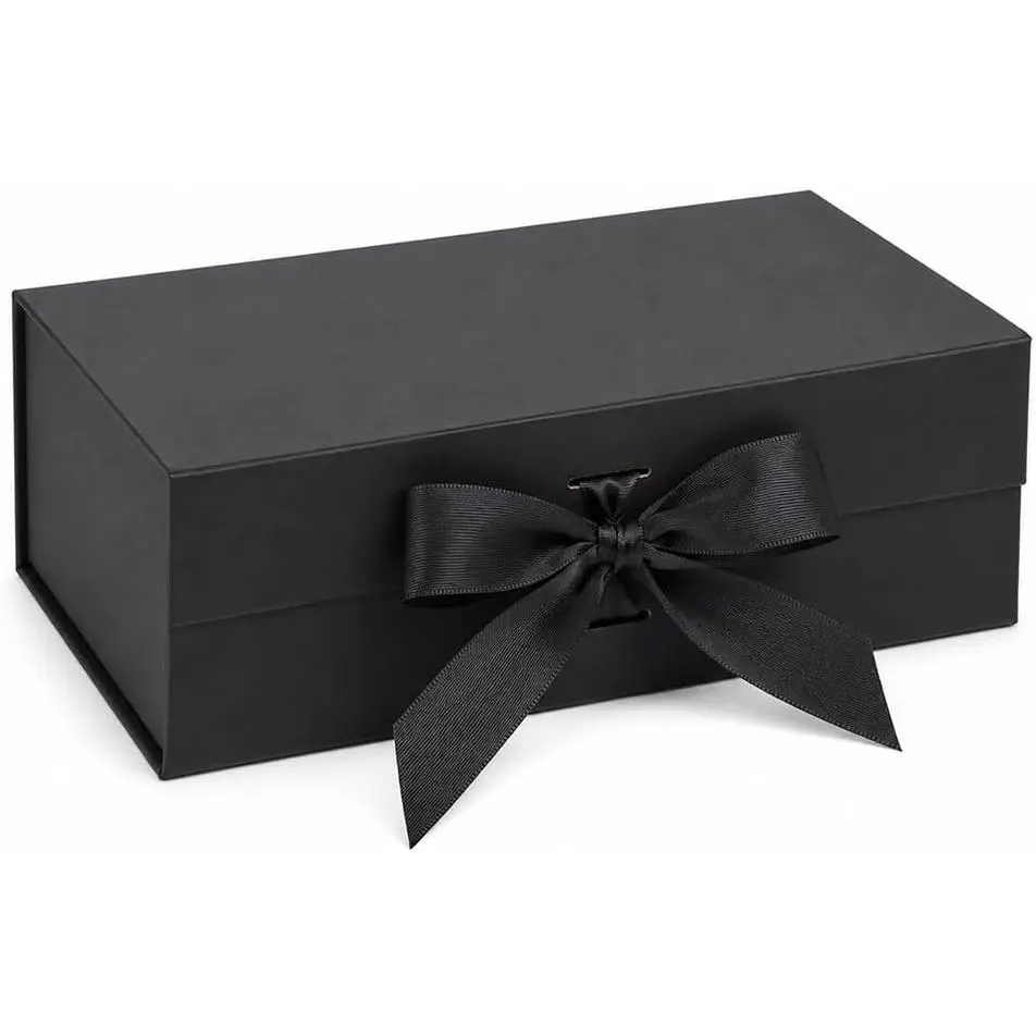 Modern Collapsible Black Office Gift Box with Lid, Ribbon, 10.5x7.5x3.1" Dimensions – Ideal for Groomsman Proposals, Key Occasions