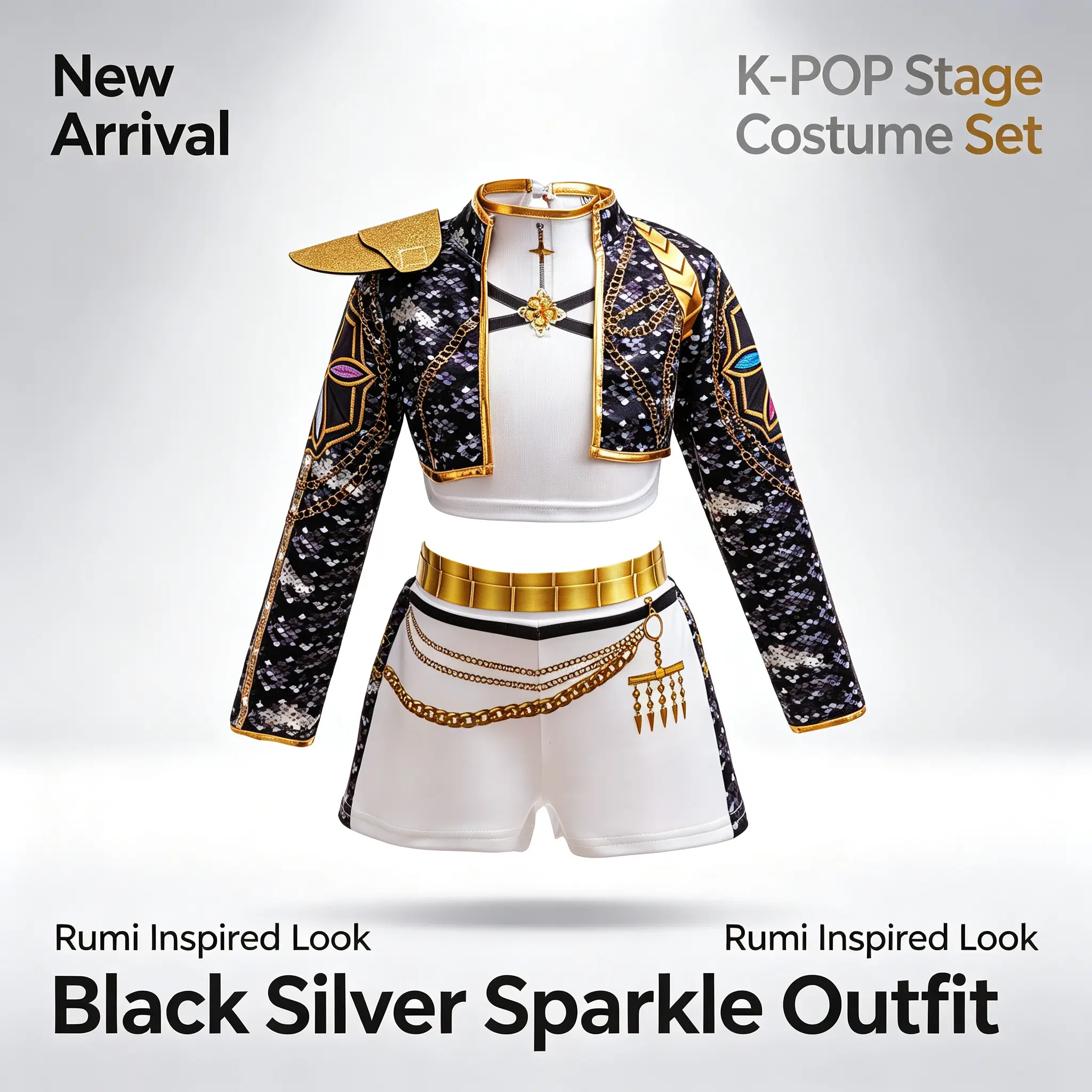 K-Pop Rumi Stage Costume Set | Black Silver Sparkle Outfit for Girls