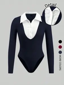 Women's Fashion Button-Up Collar Long Sleeve Solid Color Slim Jumpsuit Bodysuit, Stylish Aesthetic Outfit for Casual and Formal Wear Womenswear