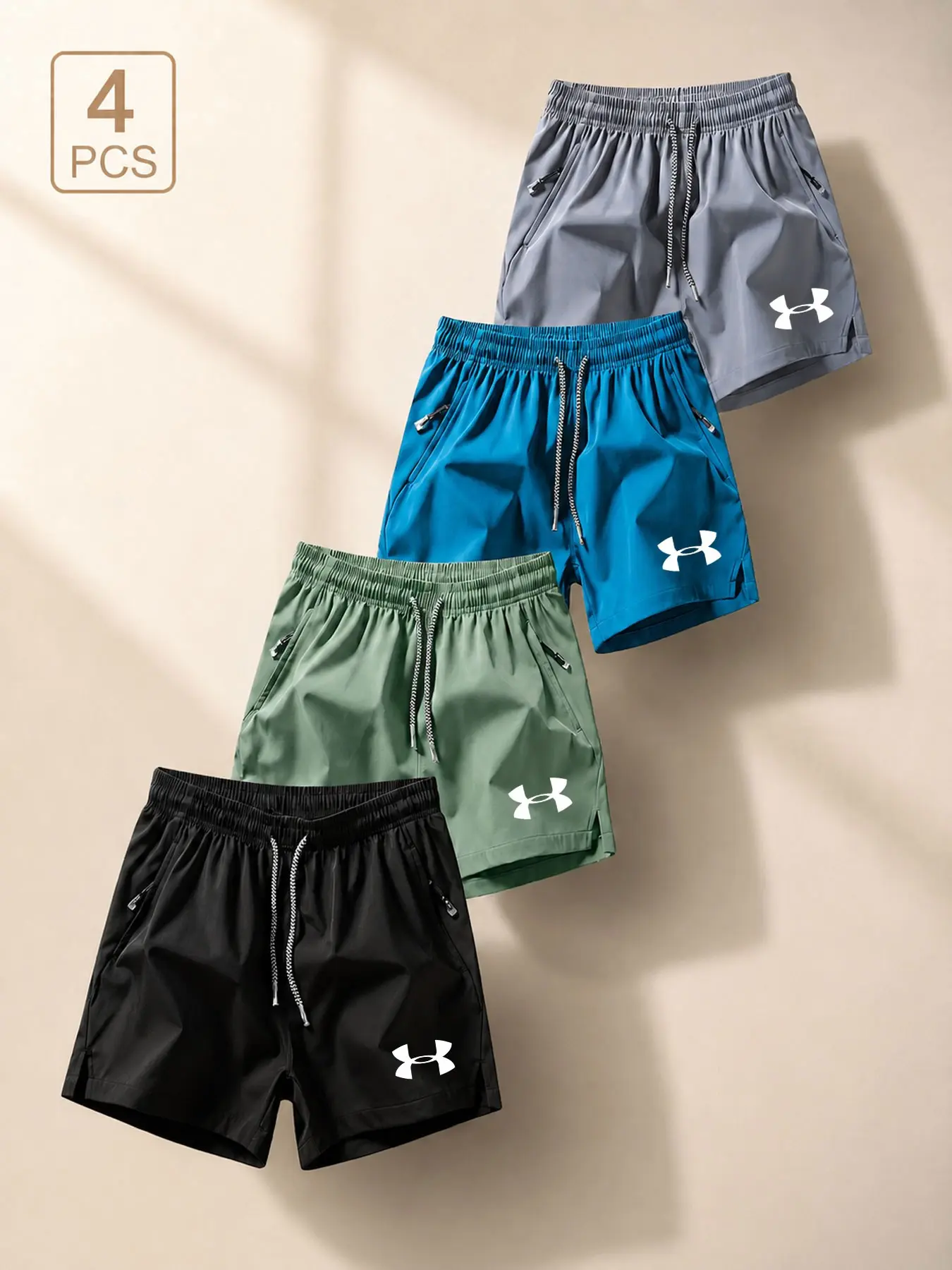 Men's Quick-Dry Sport Shorts 4-Pack, Lightweight Breathable Drawstring Zip Pockets, Casual Fitness Running Beach Camping Everyday
