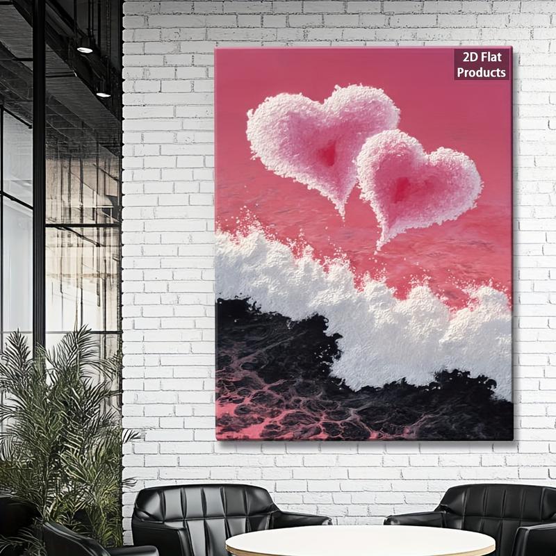 2D Flat, Valentine'S Day Heart Wall Art - Pink & Black Abstract Love Painting on Wrapped Canvas with Wood Frame, Retro Modern Minimalist Decor for Living Room, Bedroom, Bathroom