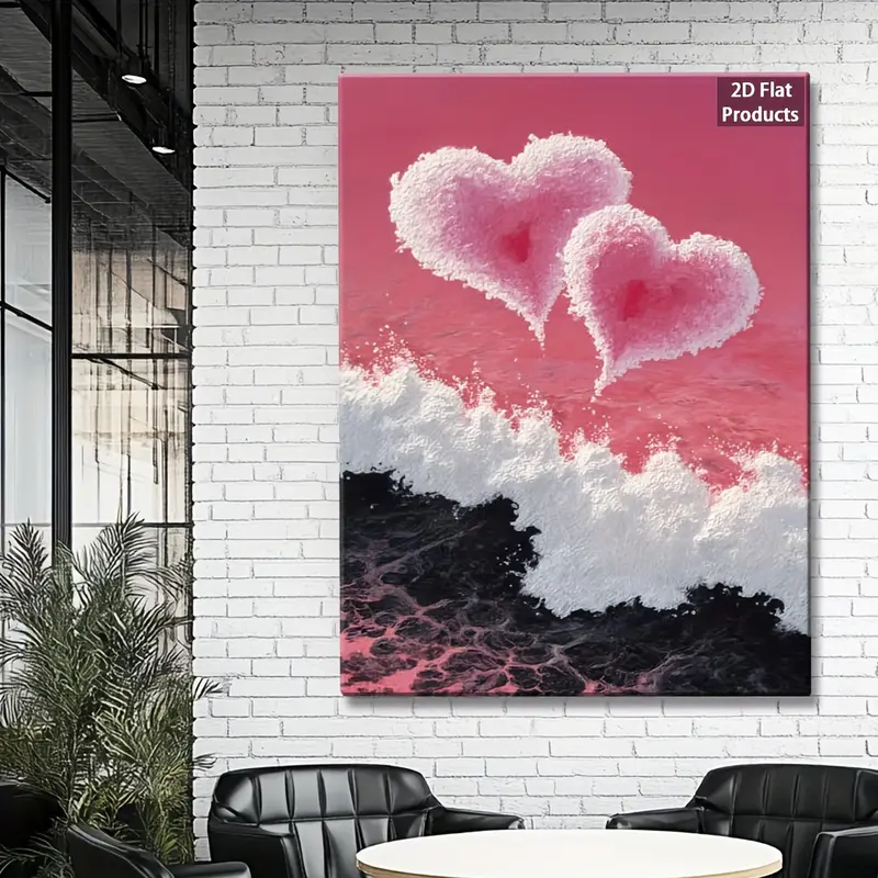 2D Flat, Valentine'S Day Heart Wall Art - Pink & Black Abstract Love Painting on Wrapped Canvas with Wood Frame, Retro Modern Minimalist Decor for Living Room, Bedroom, Bathroom