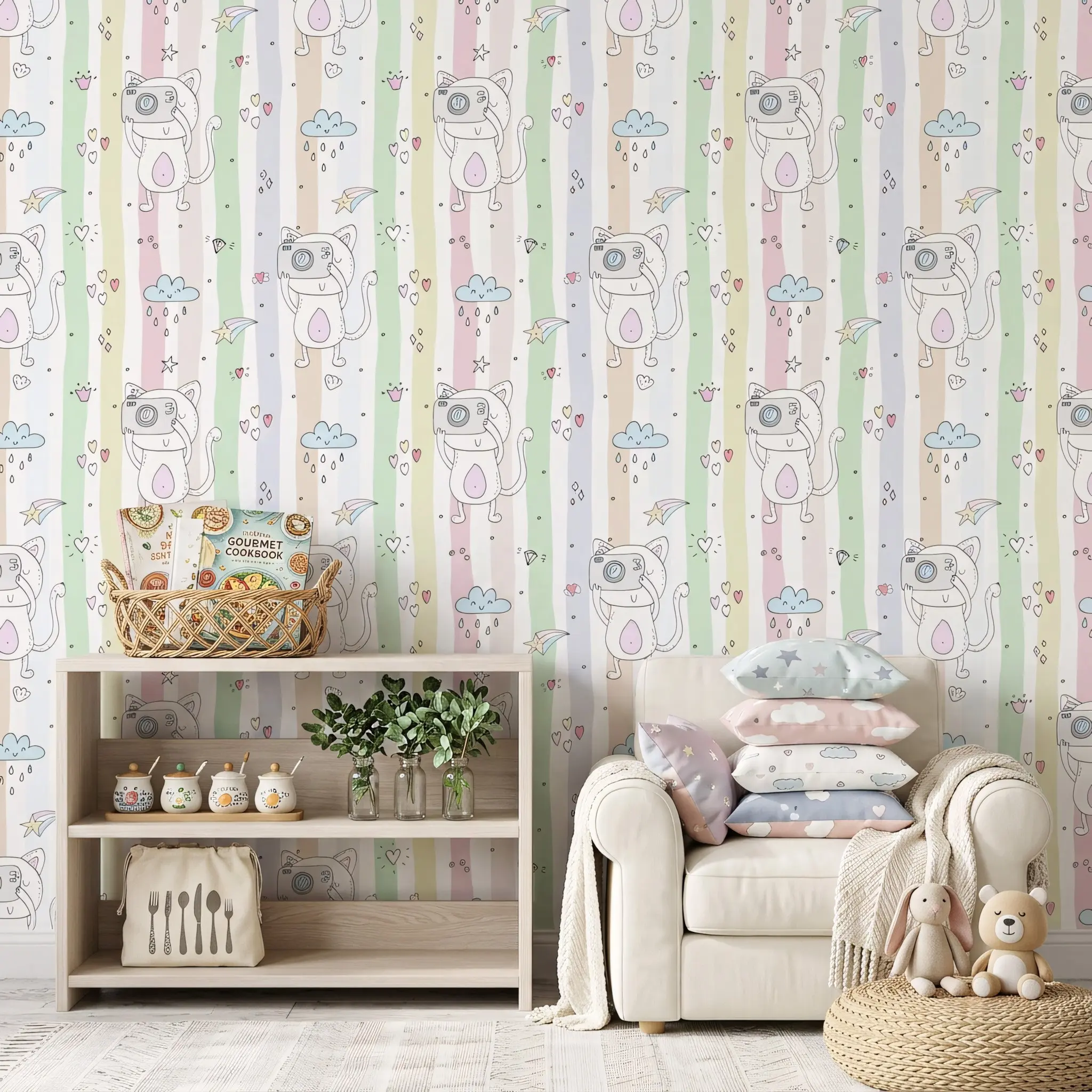 1 Roll 17.5in Wide Soft Rainbow Stripes Cartoon Cat Peel and Stick Wallpaper, Waterproof Self-Adhesive, Easy to Cut and Remove, Home Decor