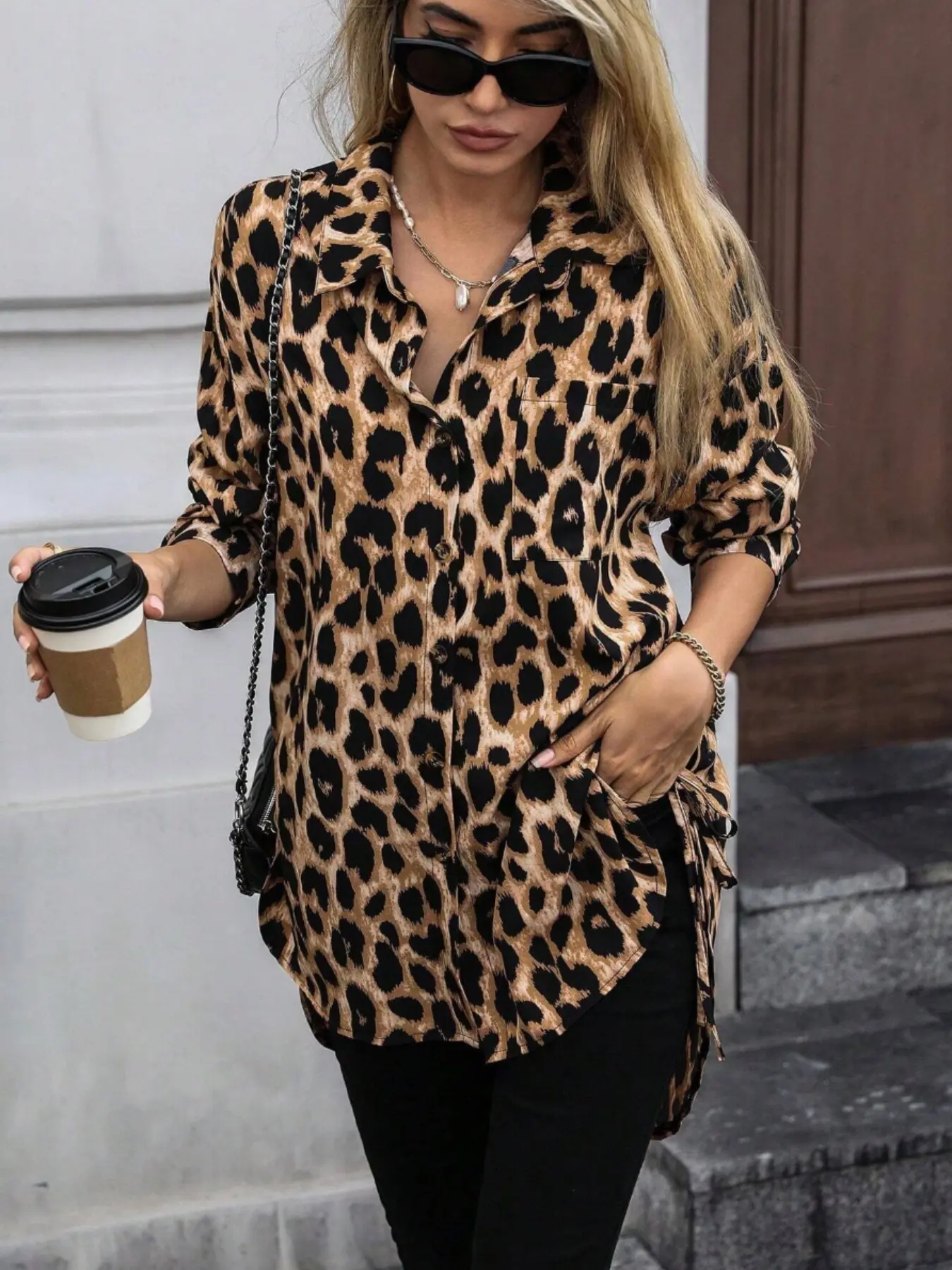 Women's Vintage Leopard Print Long Sleeve Button-Up Shirt, Loose Fit with Chest Pocket, Asymmetrical Hem, Drawstring Streetwear Top