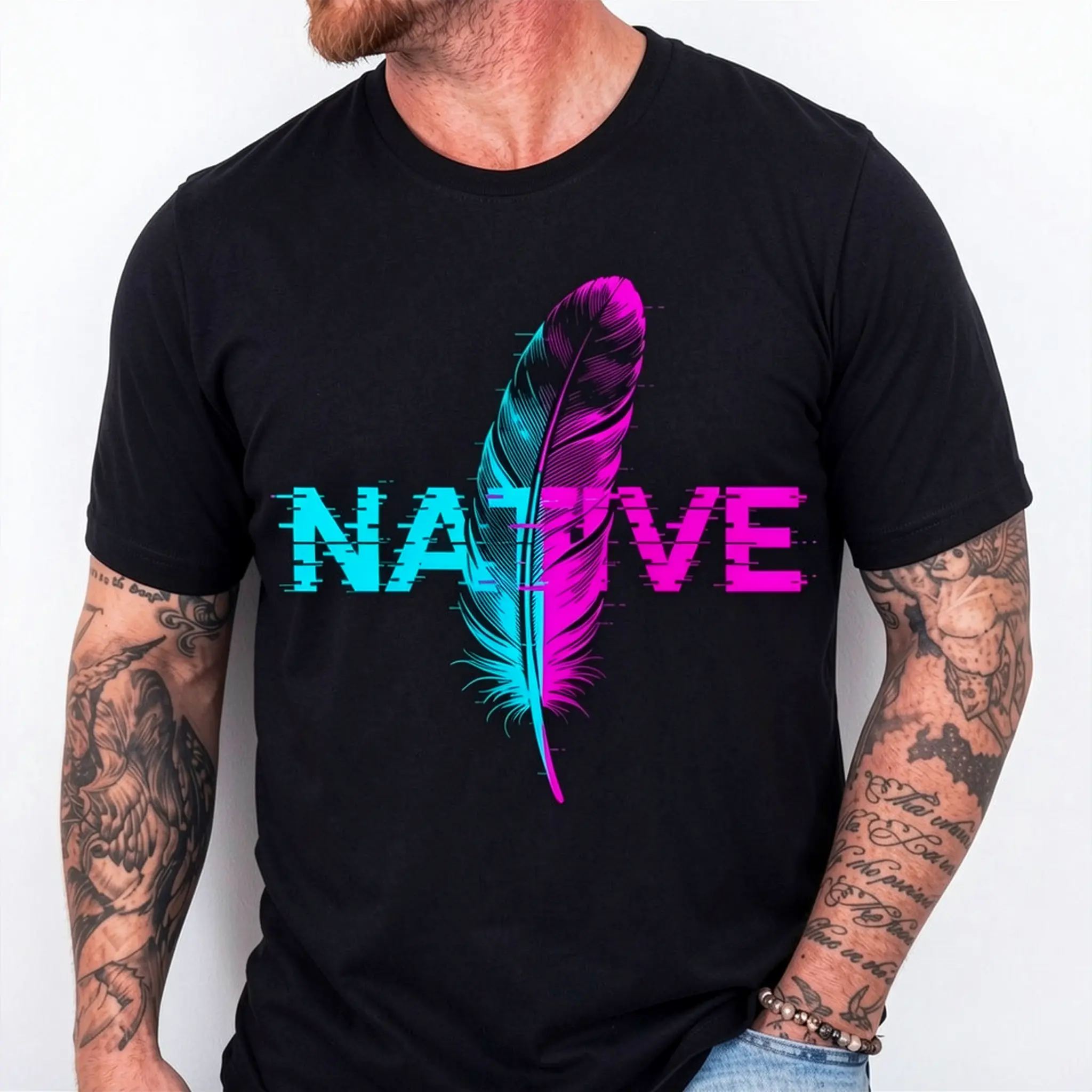 NATIVE Feather & Native Style Graphic T-Shirt - 100% Casual Round Neck Tee with Cultural Feather for Casual Attire, Festivals & Special Occasions - Year-Round Comfortable Apparel