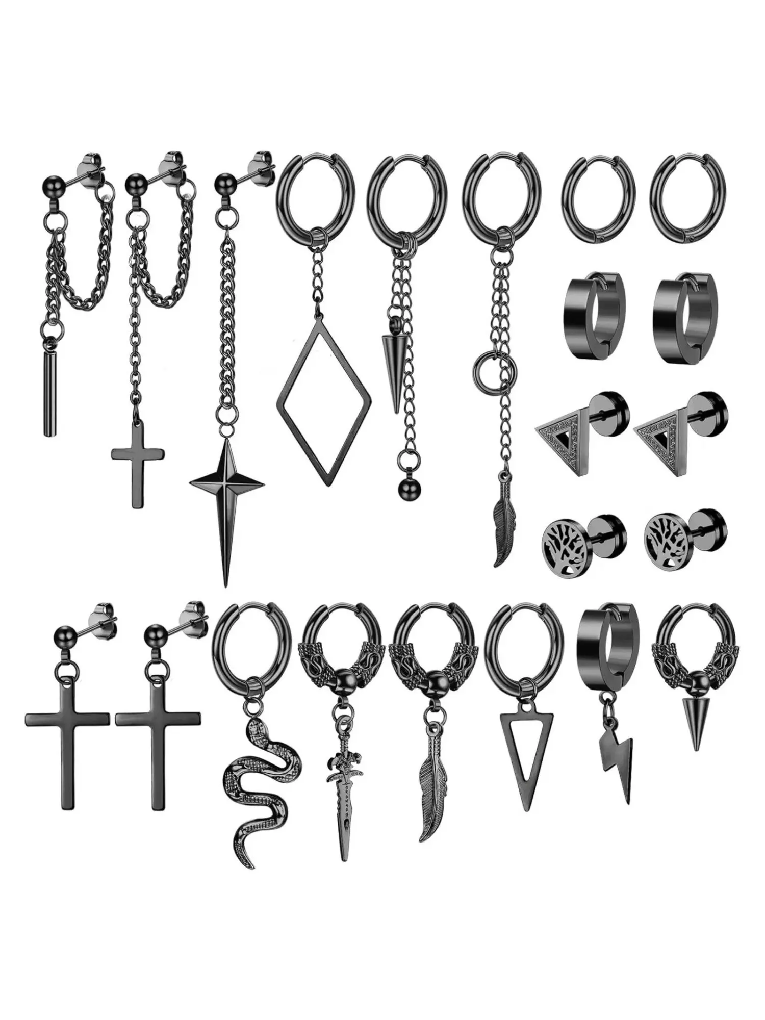 22 Pcs Earring Stacking Set, Earrings Jewelry, Black Dangle Earrings Punk Stainless Steel Hinged Huggie Hoop Earrings for Men Women Punk Long Chain Stud Dangle Kpop Earrings Black and Sliver Tone Stackable Earrings