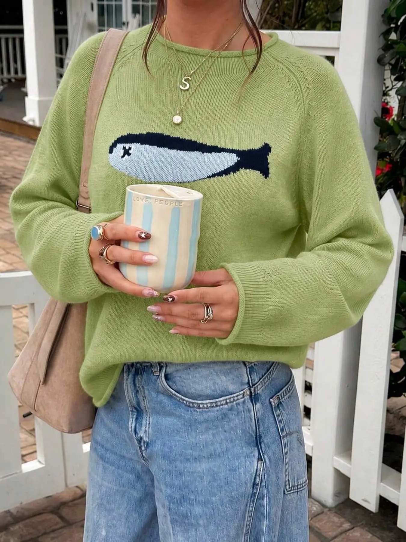 Autumn Winter New Fashion Loose Lazy Style Pullover Round Neck Fish Pattern Knit Sweater Women, Elegant and Trendy Cartoon Fish Sweater
