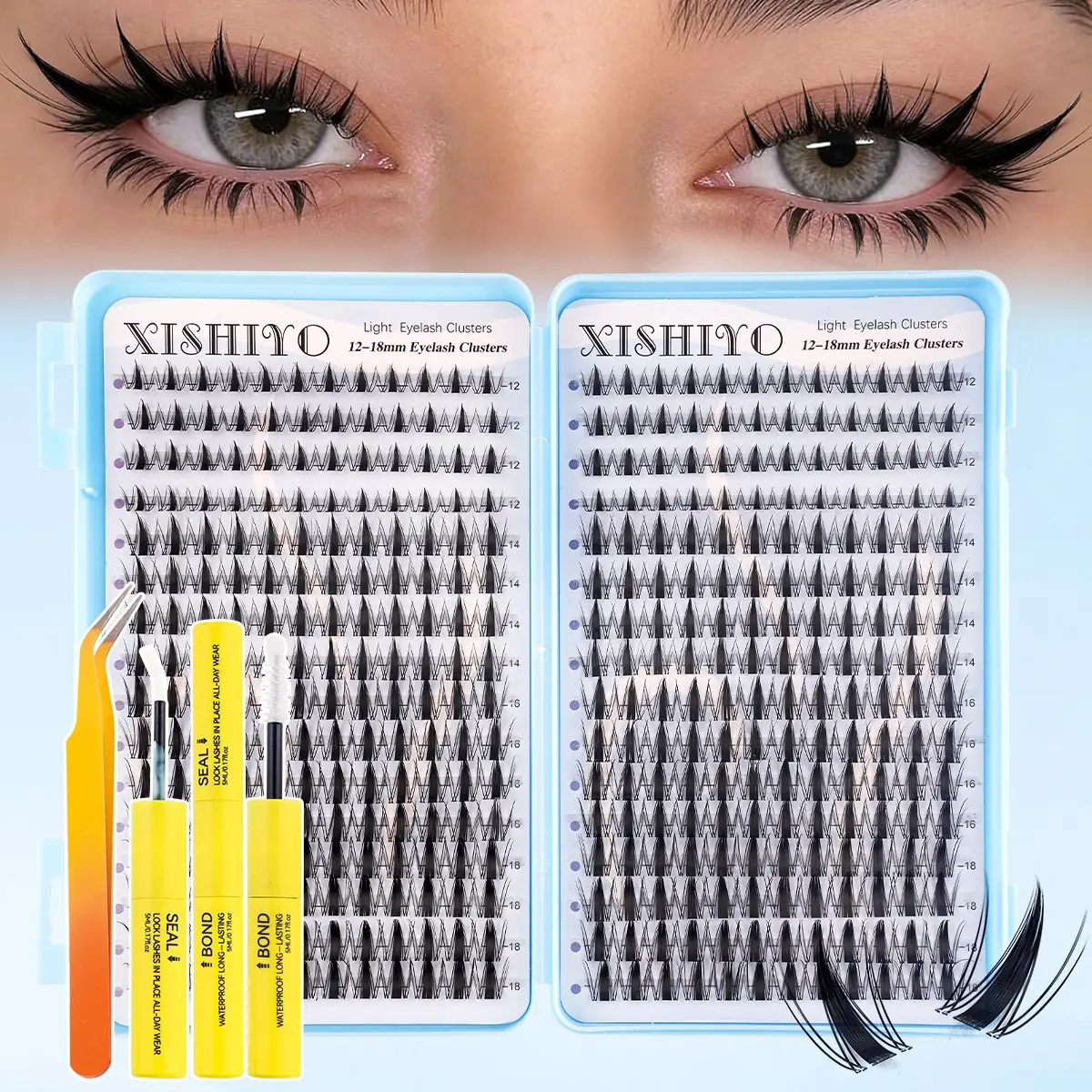 384PCS Fall Maple DIY Lash Set (w/ tweezers & glue), cosmetic spiky fairy clusters, wet-look, cute & lightweight, invisible thin band, 8-16mm mixed, for daily/outing/festival/party/date makeup, Eyelash Kit