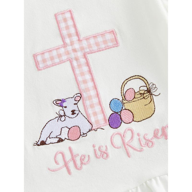 Toddler Baby Little Girls Easter Outfits Cross Animal Embroidery Short Sleeve T-Shirt and Plaid Shorts Set 3M-3Y
