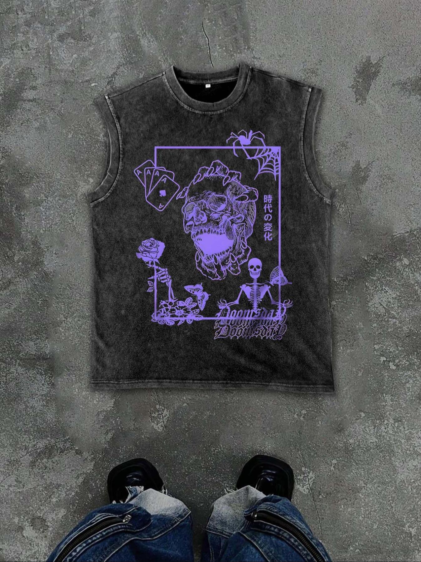 Men's Vintage Graphic Print Round Neck Tank Top, Regular Fit Casual Sleeveless Crew Neck Top for Summer, Fashion Men's Top for Daily Wear, Menswear, Socks