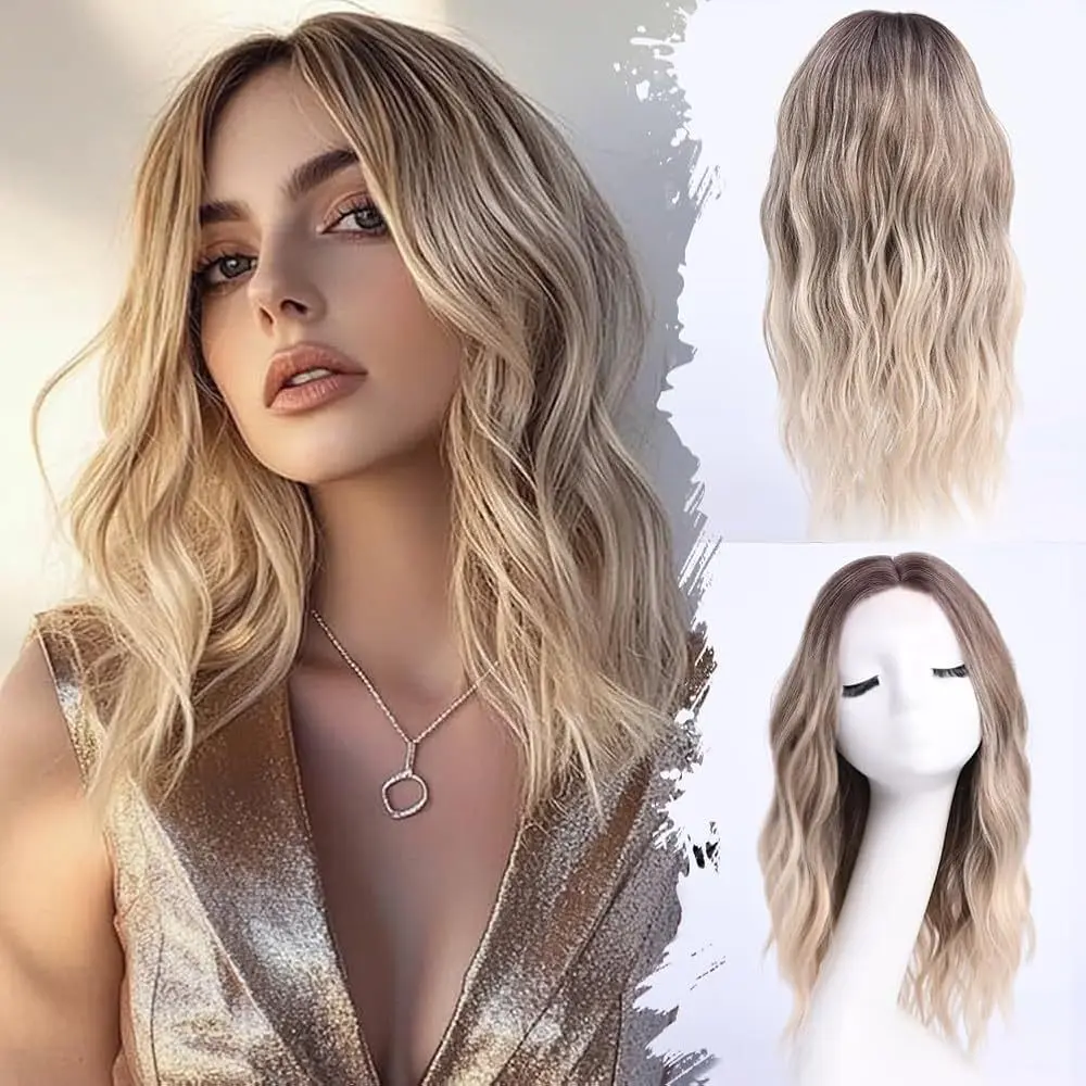 16in Ombre Blonde Mid Length Loose Wave Wig, Heat Resistant Synthetic Wavy Wig, Natural Scalp Free Part Wig for Women Daily Party