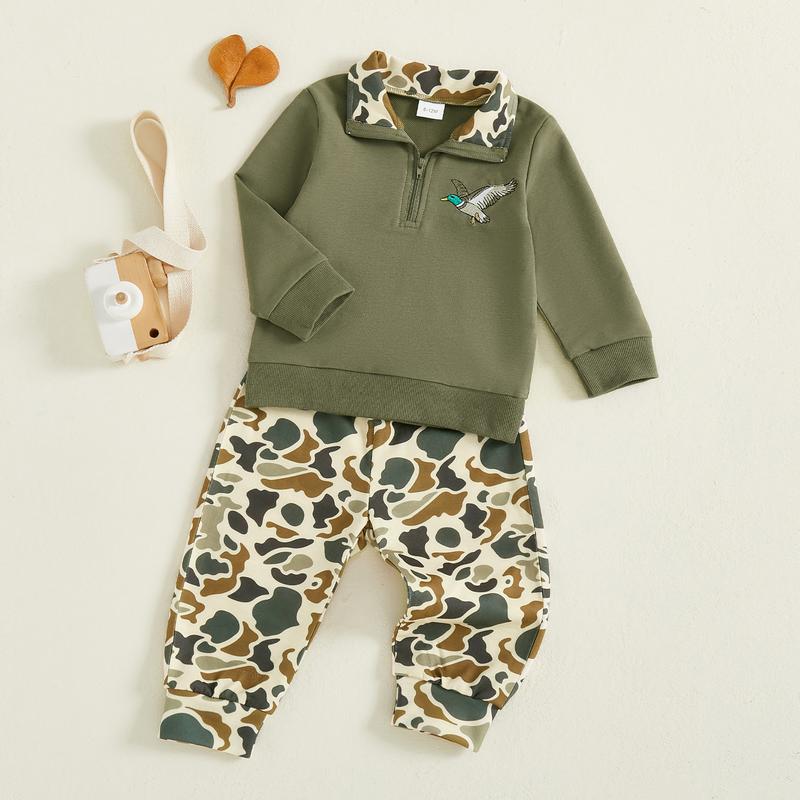 Babamoon Toddler Baby Boy Fall Hunting Outfits Half Zip Long Sleeve Animal Mallard Duck Print Pullover Tops Camouflage Pants 2Pcs Wild Clothes Set