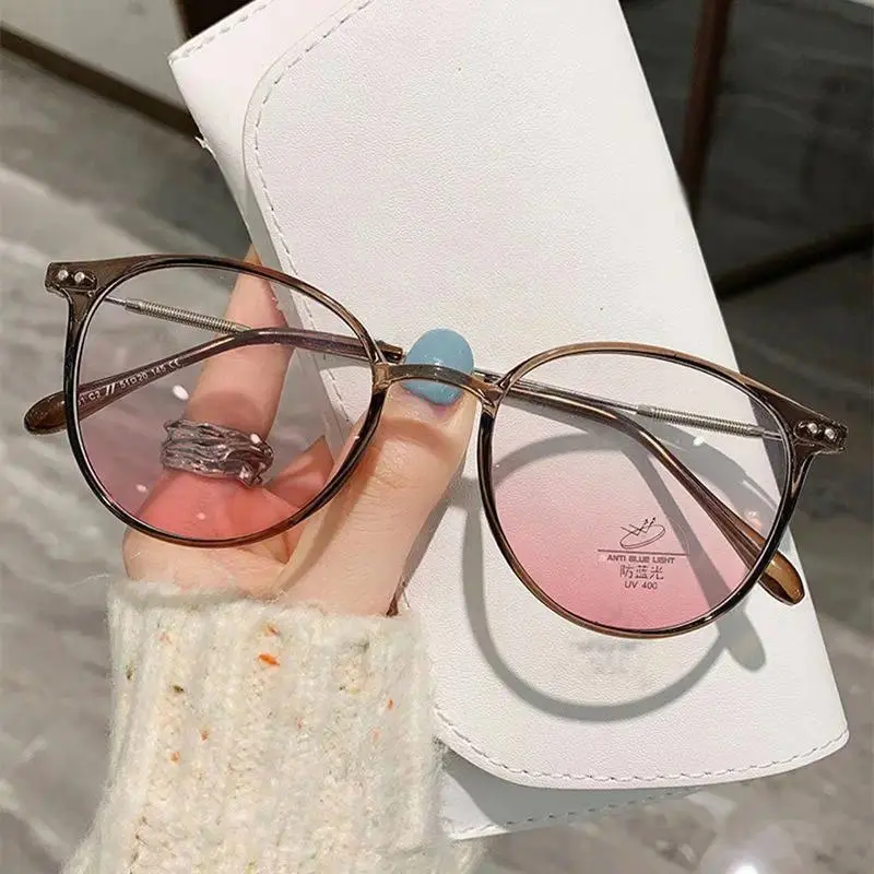 Anti-Blue Light Plain Glasses Ultra-Light Blush Cold Brown Color Korean Anti Radiation Eyeglasses Round Metal Frame Anti Fatigue Eyewear High Quality Eyewear