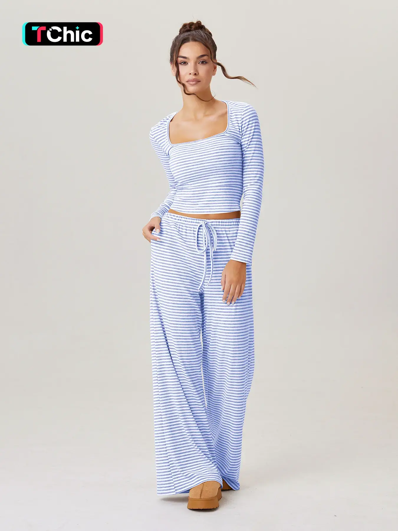 Women's Slouchy Square Neck Stripe Long Sleeve Crop Top & Low-Rise Wide Leg Trousers Co-ord