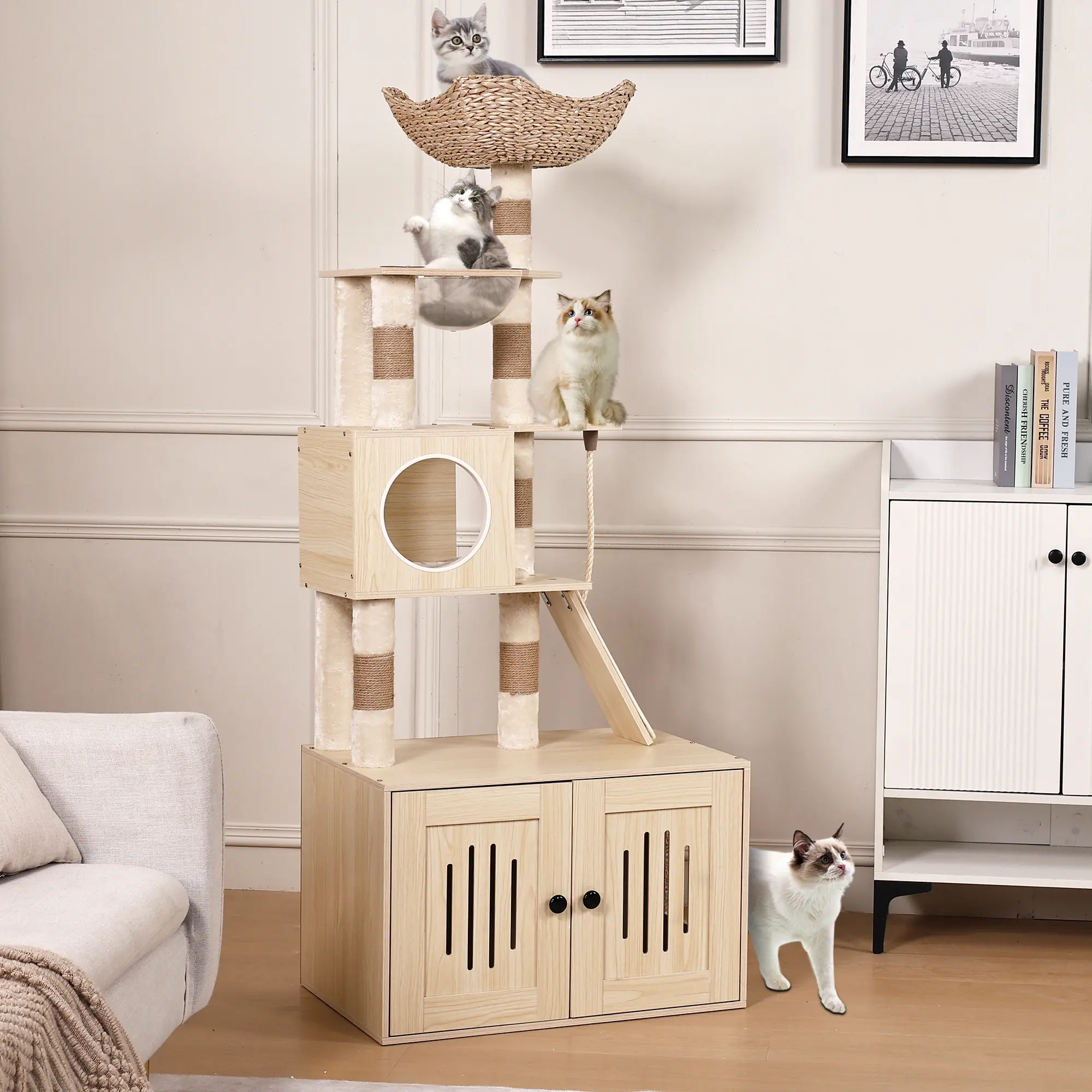66.9" Cat Tree & Litter Box Enclosure 2-in-1 – Multi-Level Perch, Scratching Posts & Hidden Litter Cabinet – Space-Saving for Indoor Cats