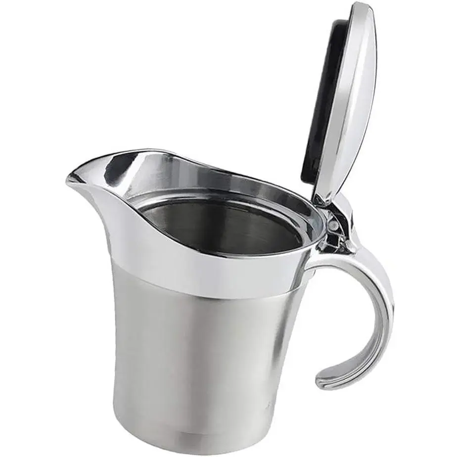 Double Insulated Stainless Steel Gravy Boat 450ML/16 OZ Sauce Jug with Hinged Lid, Ideal for Serving Gravy or Cream at Thanksgiving