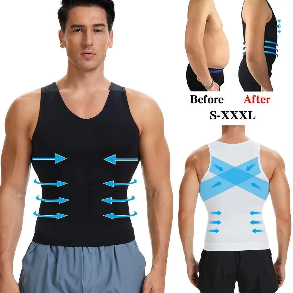 Men's Body Shaper Slimming Shirt V Neck Tummy Vest Compression Base Layer Slim Muscle Tank Top Shapewear