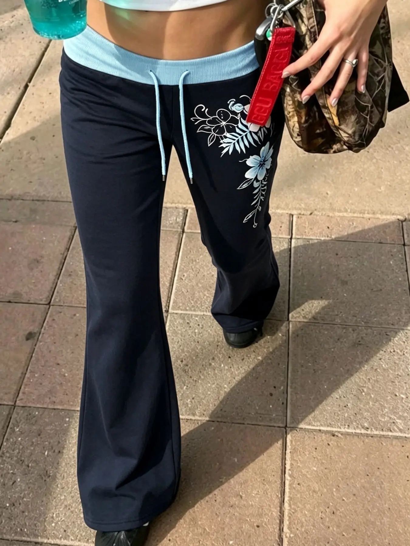 Streetwear Floral Print Colorblock Drawstring Pants, Casual Knit Comfortable Stylish Daily Trendy Trousers, Versatile Fashion Low Waisted Bottoms for Women, Casual Chic Trousers