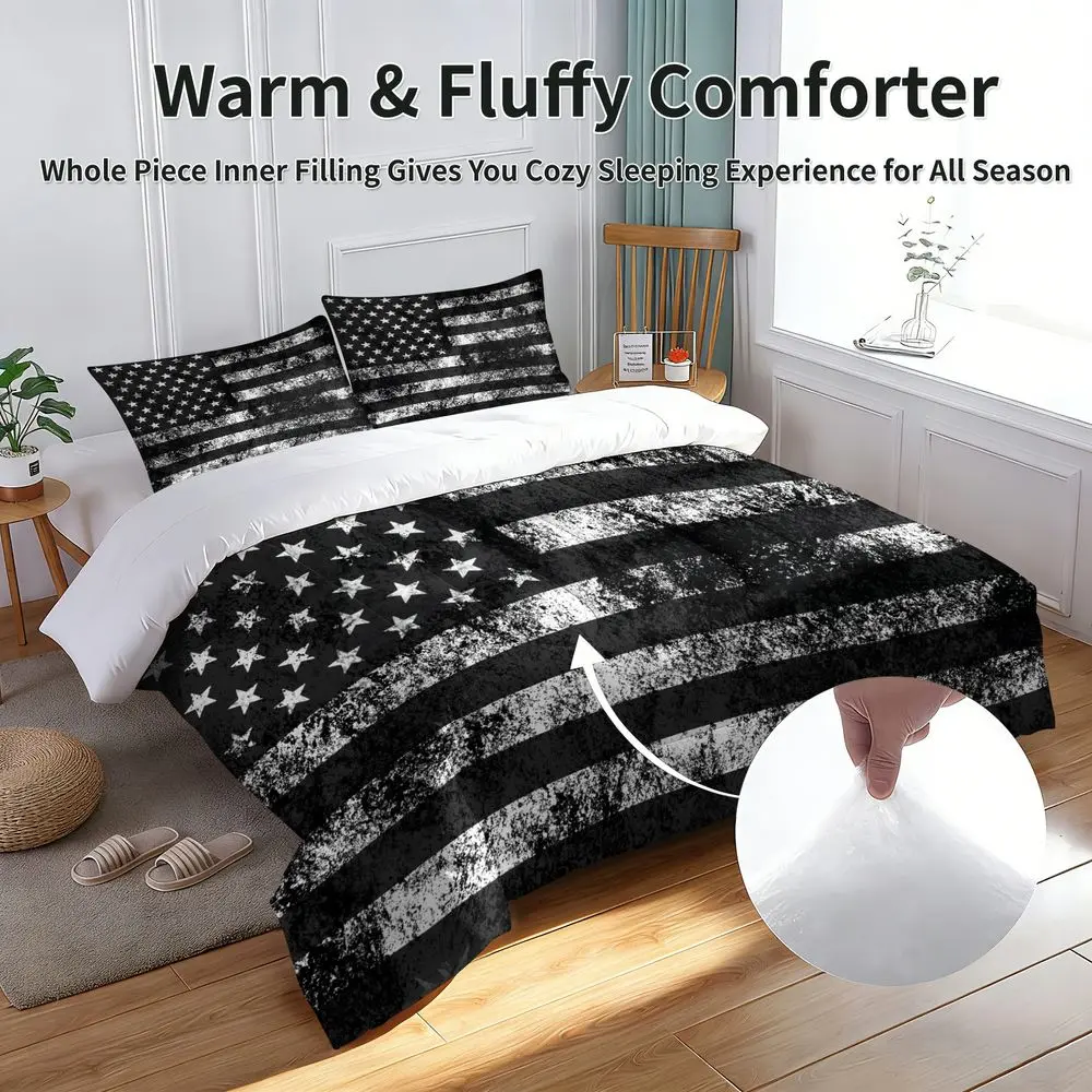 2/3Pcs Distressed American Flag Comforter Set, Patriotic Black and White Bedding Set for Bedroom Decor, All-Season Soft Quilt with Matching Pillowcase, USA Theme Bedroom Bedspread for Adults & Teens No Pillow Core