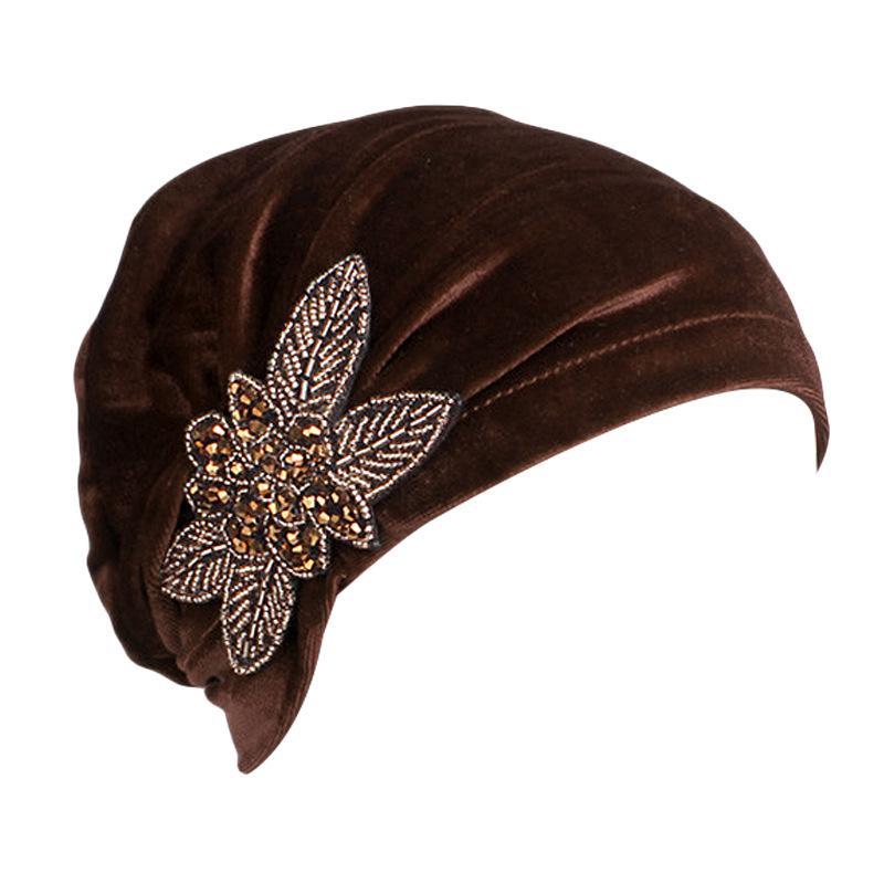 Velvet Pleated Turban Hat with Beaded Flower, Soft Hair Loss Bonnet for Women