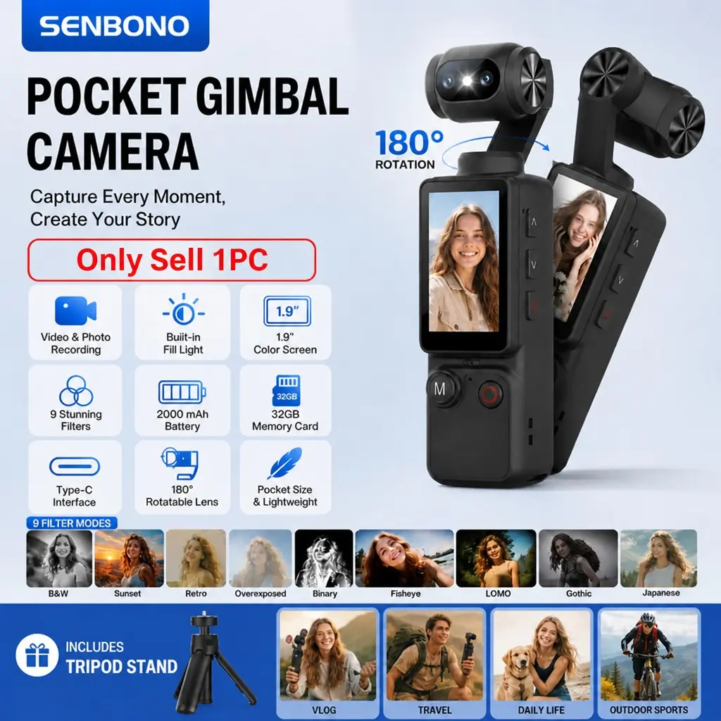 SENBONO Handheld Action Camera Travel Vlog Camera, Ultra HD 8mp, 180° Flip Lens, 1.9'' Color Screen, Microphone, 2000mah Battery, 32GB Storage