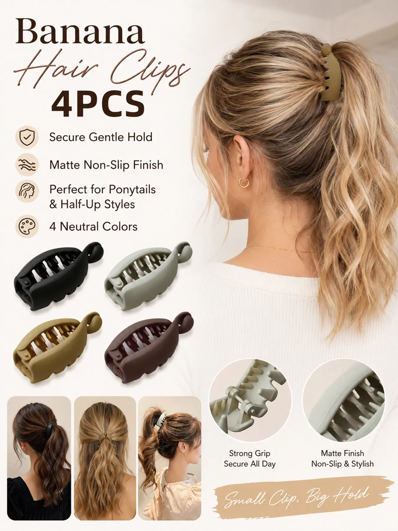 4PCS Banana Clips for Women Girls, Matte Minimalist Vertical Twist Hair Claw Clips, Strong Hold No Slip Ponytail Hair Clamps for Thick Thin Fine Long Hair, High Ponytail Styling Accessories for Daily Wear, Work, Travel & Casual Outfits