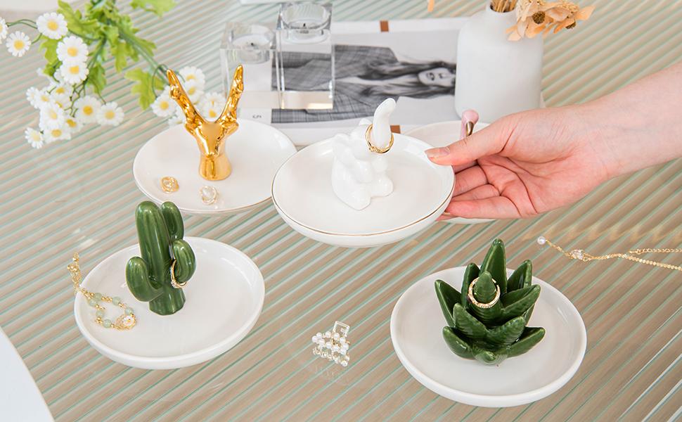 Aloe Ring Holder Dish, Ceramic Jewelry Tray Trinket Dish for Necklace Keychain Organizer, Cute Funny Birthday Wedding Mothers Day Gift for Women Friends Girls