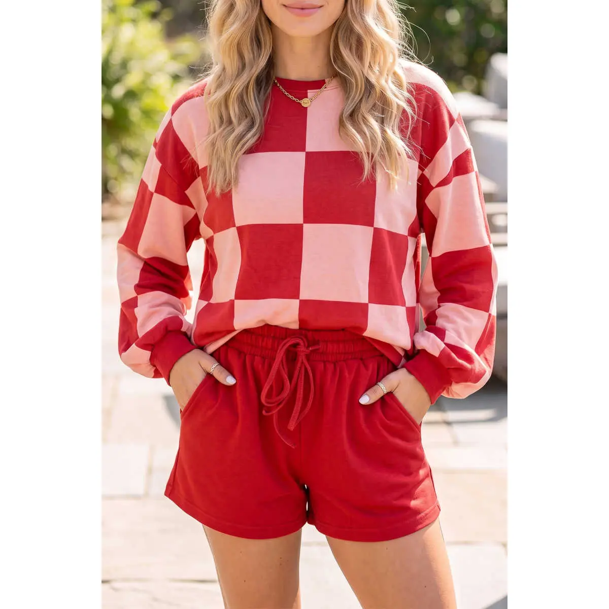 Women's Elastic Comfortable Matching 2-Piece Set - Red Checkerboard Plaid Longsleeves, Drawstring Solid Color Shorts, Casual