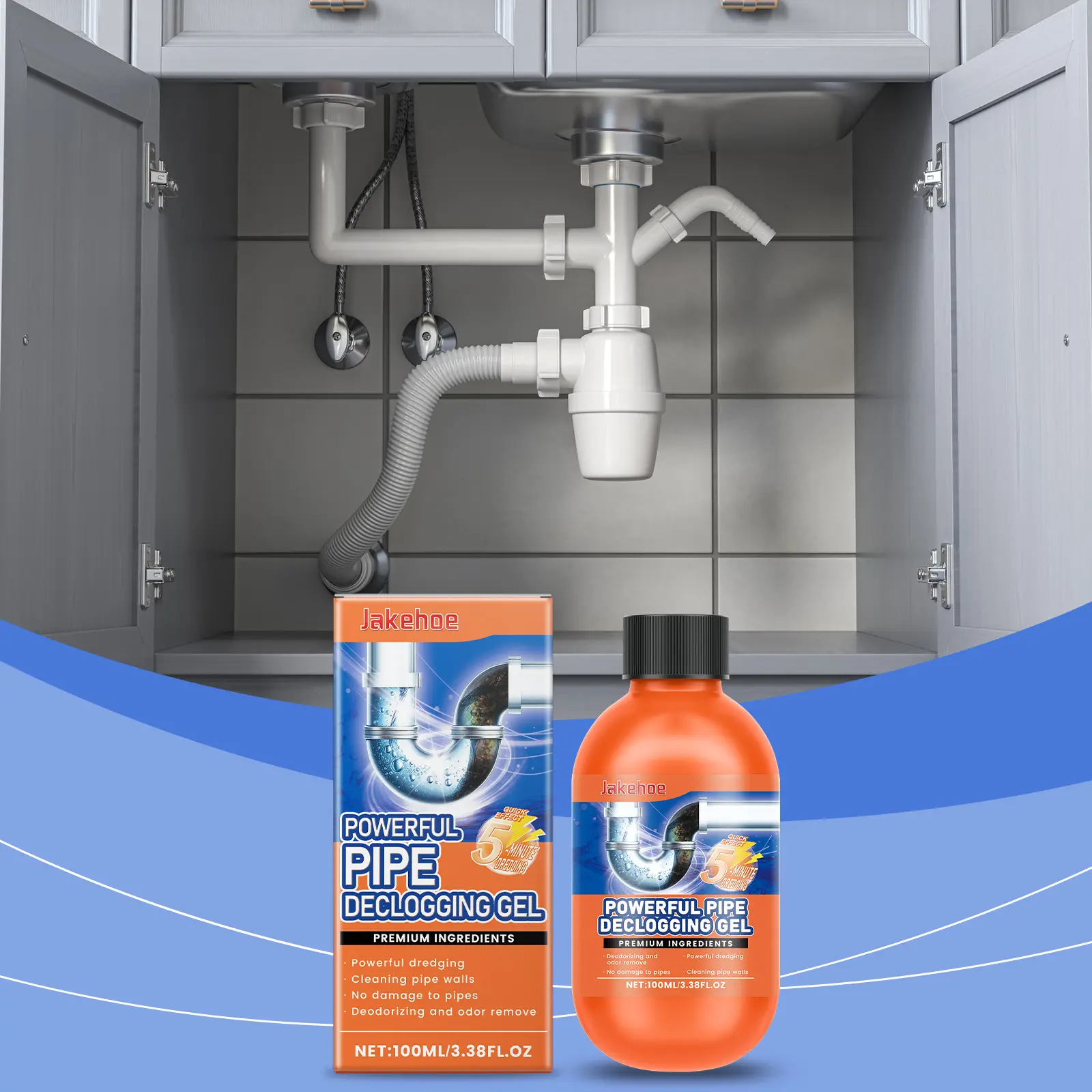 Jakehoe 100ml Powerful Pipe Declogging Gel 3.38 fl oz, Fast 5-Minute Hair and Grease Clog Remover for Kitchen Sink and Toilet, Safe Alkaline Drain Dredge Gel with Deodorizing Action