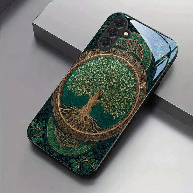 Phone Case: Golden Frame Tree of Life Pattern New Black Tempered Glass Phone Case for Samsung Galaxy S26 S25 S24 S23 S22Pro S21 S20 Fe Plus Ultra Pro A56 A55 A54 A53 A52 A51 A36 A35 A34 A32 A26 A25 A24 A23 A16 A15 A14 A06 A05 A03s