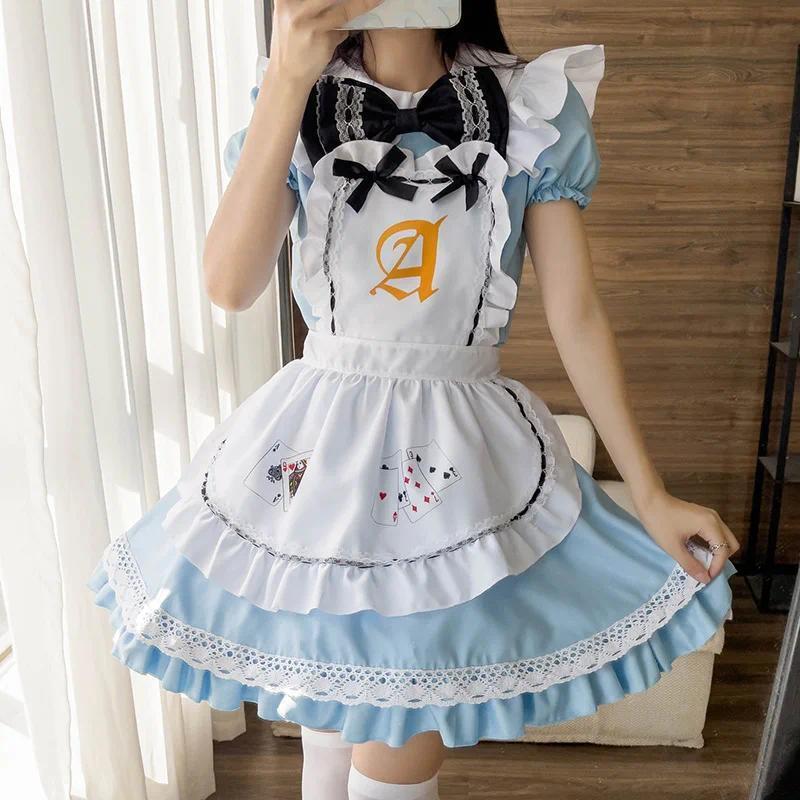 Lolita Maid Dress Costumes Blue Alice Playing Cards Cosplay For Girls Woman Waitress Alice Poker Maid Party Stage Costume