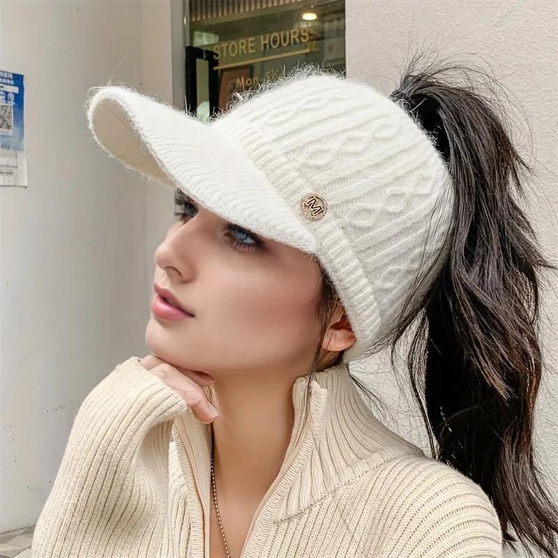 2025 Autumn and Winter Women's Warm Knitted Ponytail Sunshade Hat - Thick Warm Earcup Baseball Hat with Adjustable Shoulder Straps Quality Caps