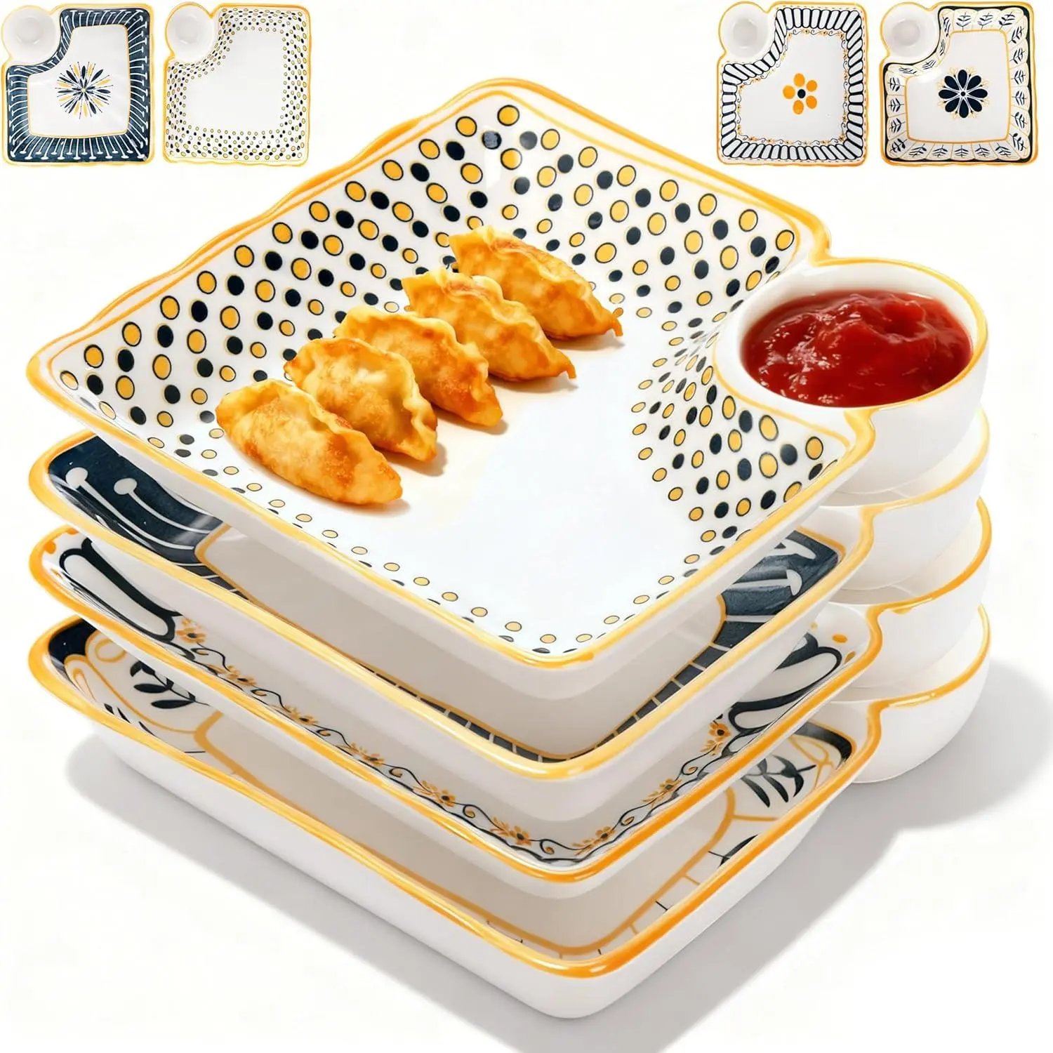 4-Pack 7.5" Ceramic Modern Square Plates Set - Colorful Kitchen Serving Plates for Family, Dumpling, Sushi, Gyoza, Snack, Dessert, Salad, Fries, Fruit with Dipping Dish