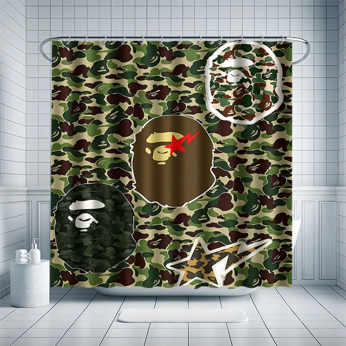 Cool camouflage ape head print waterproof shower curtain, made of polyester waterproof fabric. Classic jungle camouflage street fashion style. Comes with 12 hooks for easy installation, suitable for creating a personalized and trendy bathroom.