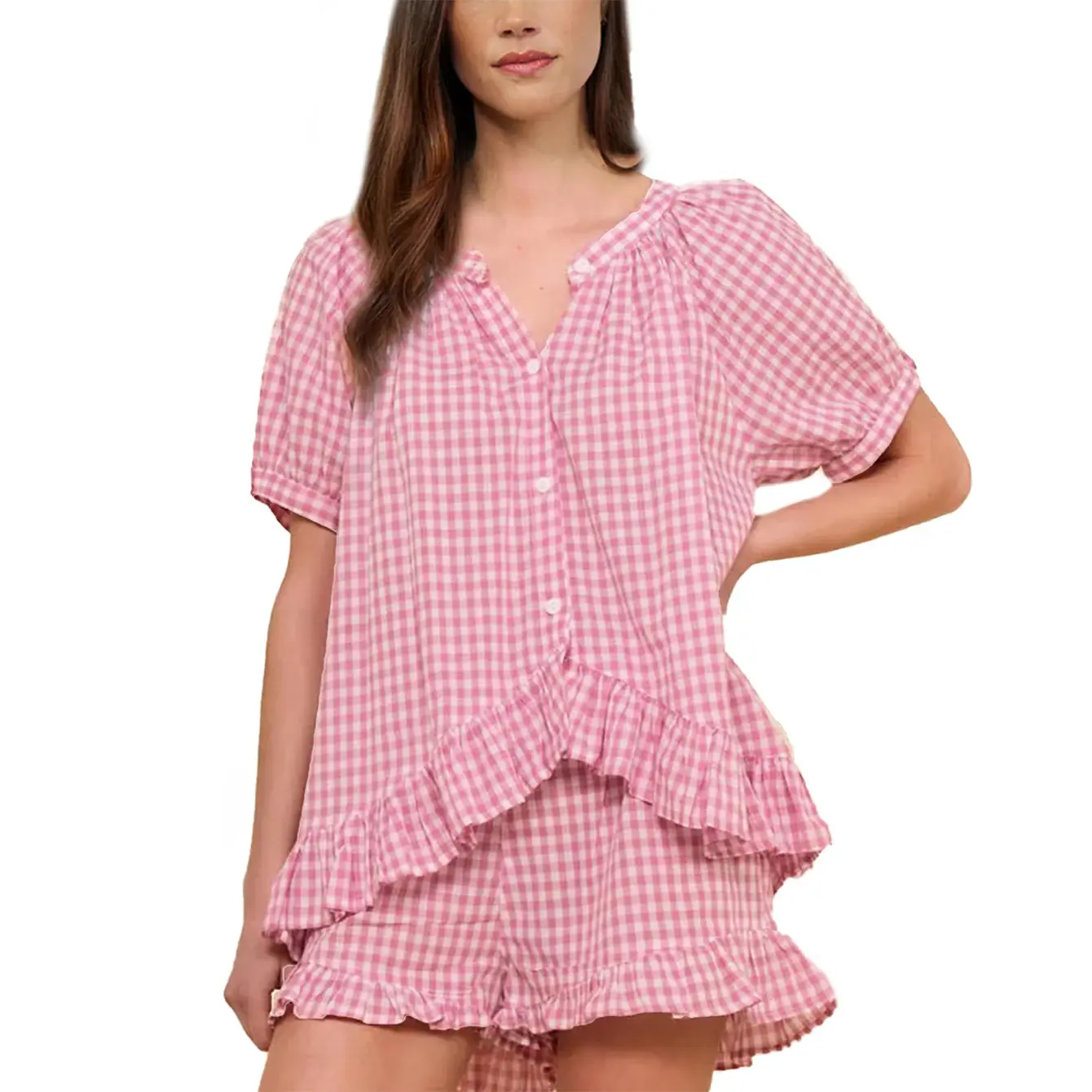 Women’s Gingham Pajamas Set – 2-Piece Cotton PJs with Ruffle Babydoll Shirt & Plaid Shorts for Cozy Sleepwear & Lounge Outfits