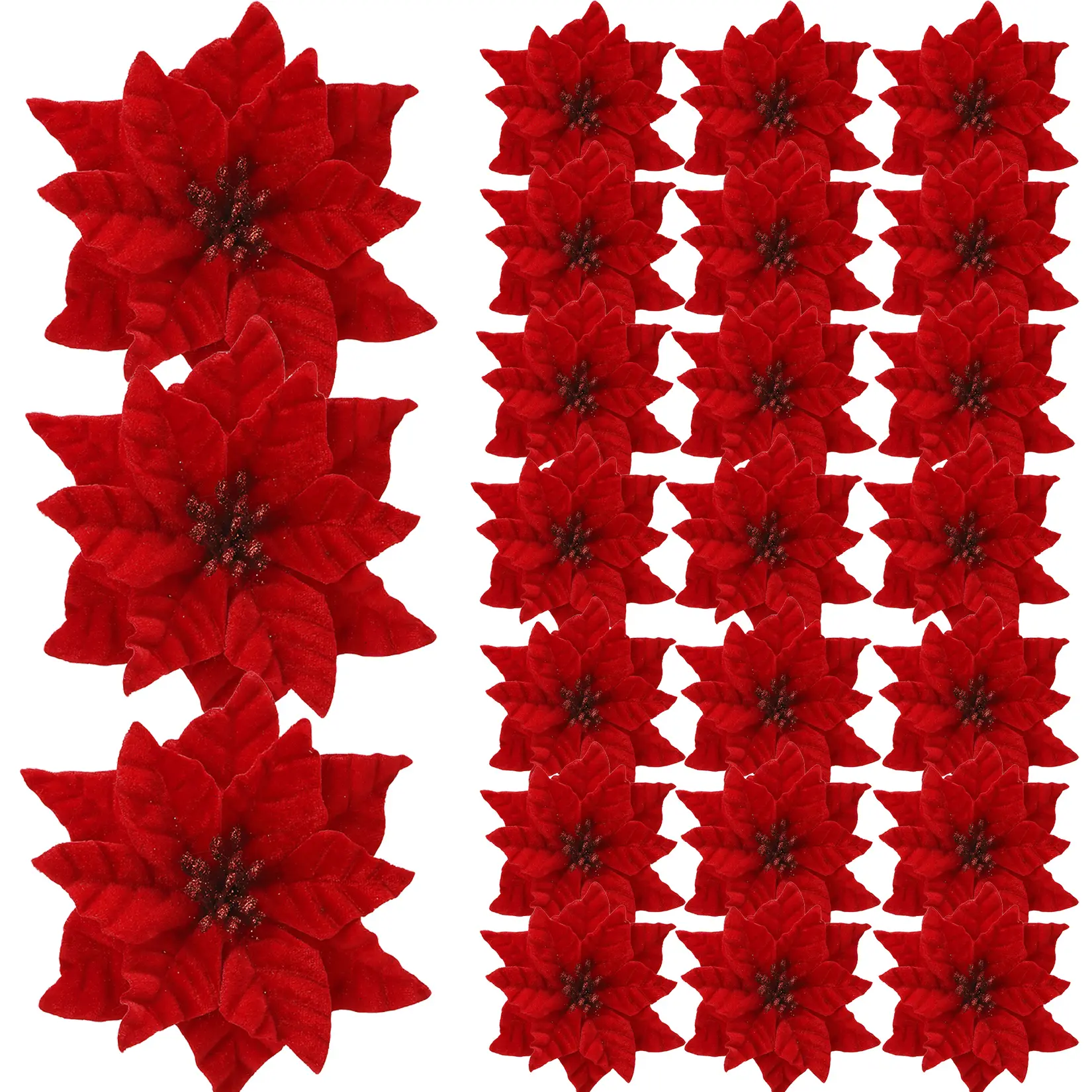 24 Pcs Soft Poinsettia Christmas Flower Ornaments with Stems - 6.3 in (16cm) Large Artificial Floral Picks, Festive Home Decor for Christmas Tree, Wreath, Wall - DIY Centerpiece Supplies