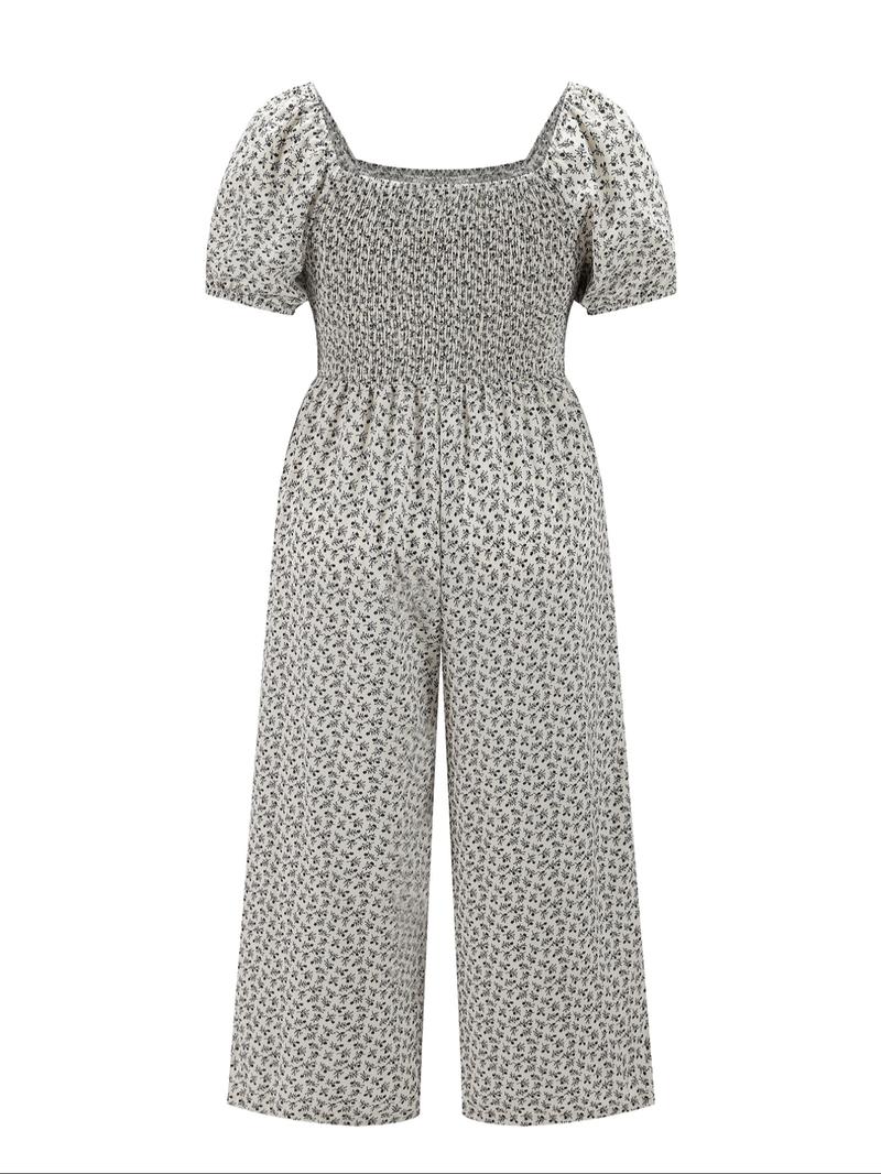 【Plus Size】 All Over Print Shirred Wide Leg Jumpsuit, Casual Short Sleeve Jumpsuit for Summer, Women's Plus Clothing for Daily Wear