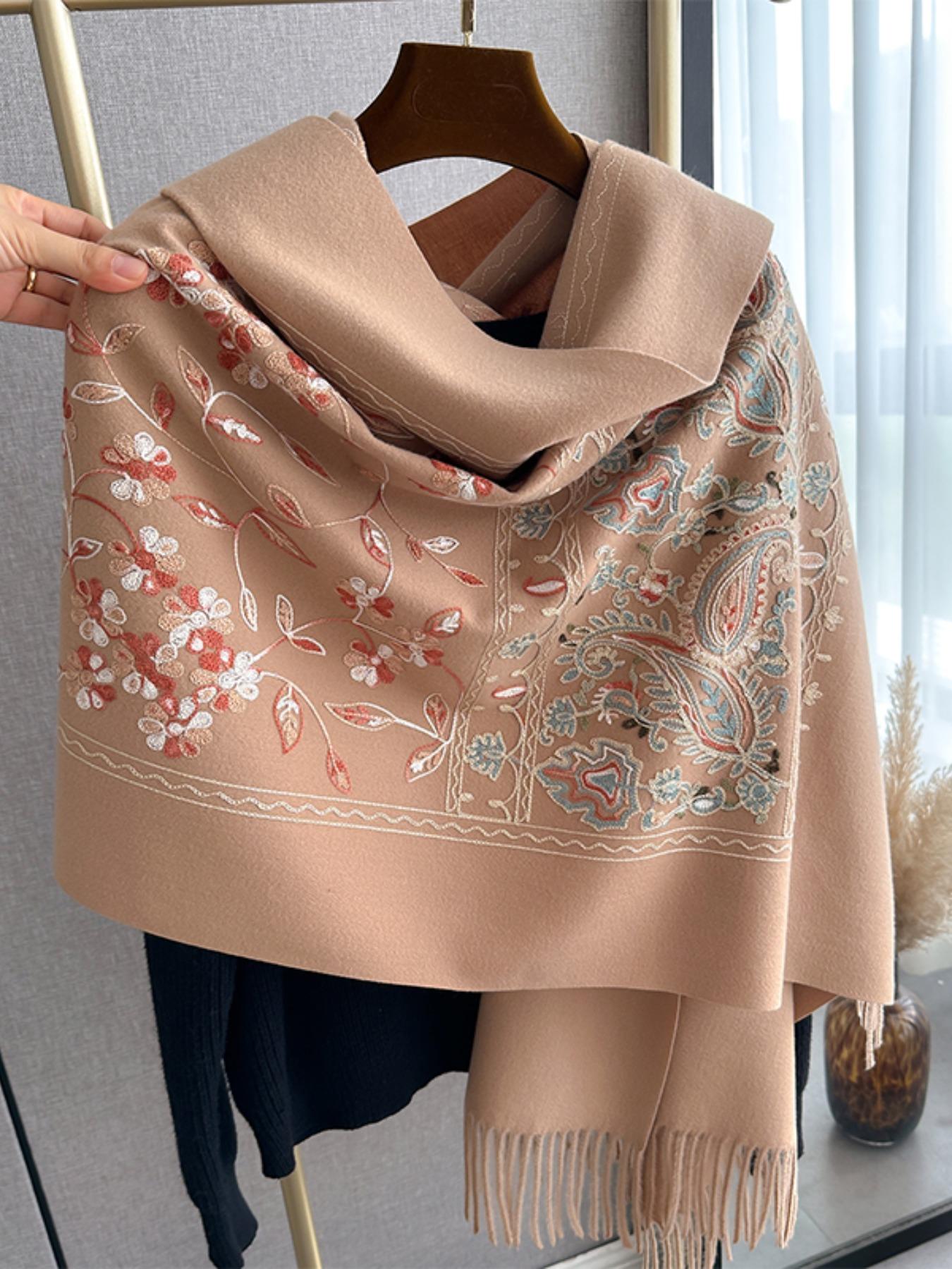 Boho Style Plant Embroidery Double Sided Scarf, Casual Soft Warm Fringe Trim Floral Embroidered Shawl for Women & Men, Fashion Accessories for Daily Wear