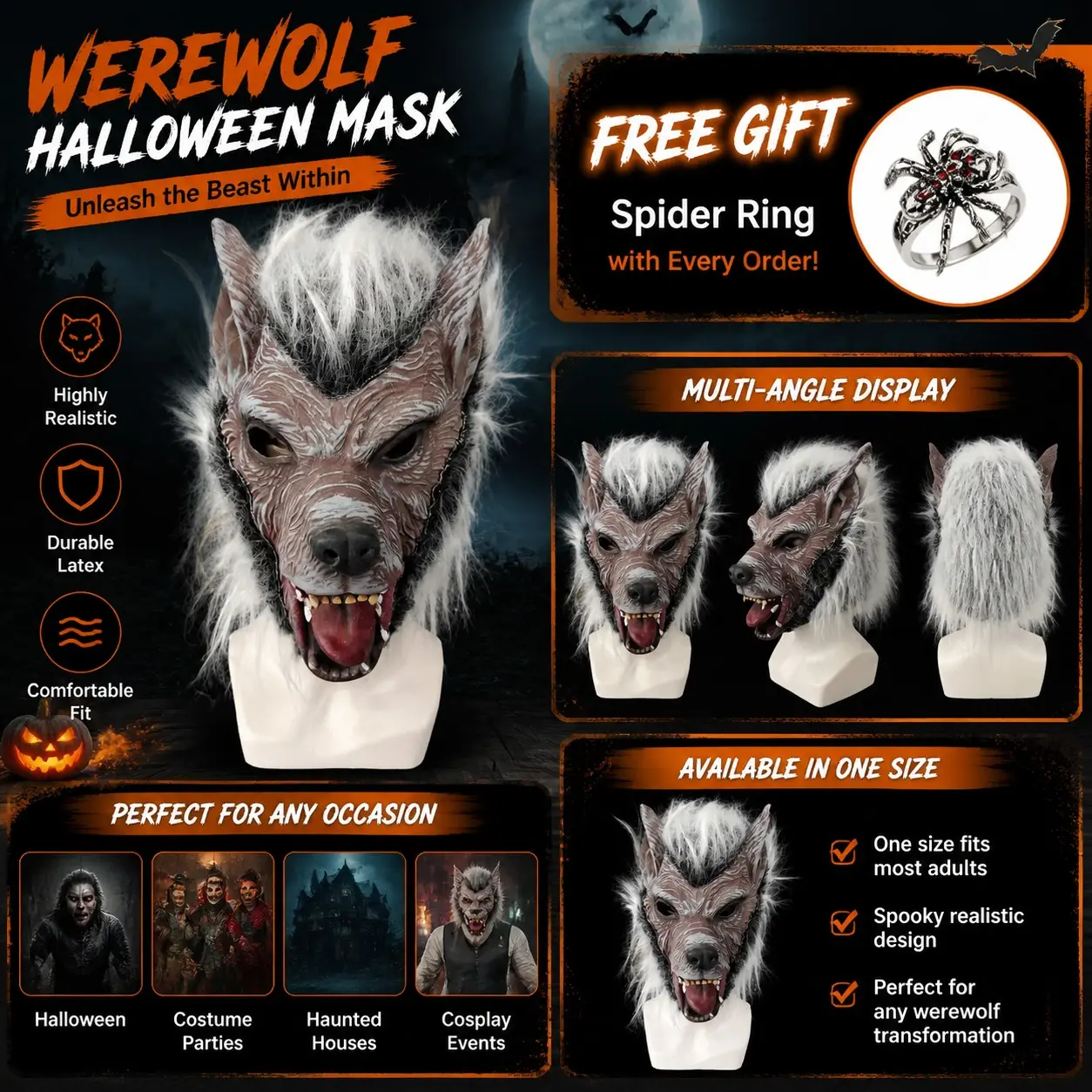 Wolf Mask with Hair, Halloween Cosplay Costume Prop, Horror Werewolf Headgear, Party Photo Props, Gift for Halloween, Christmas, Birthday