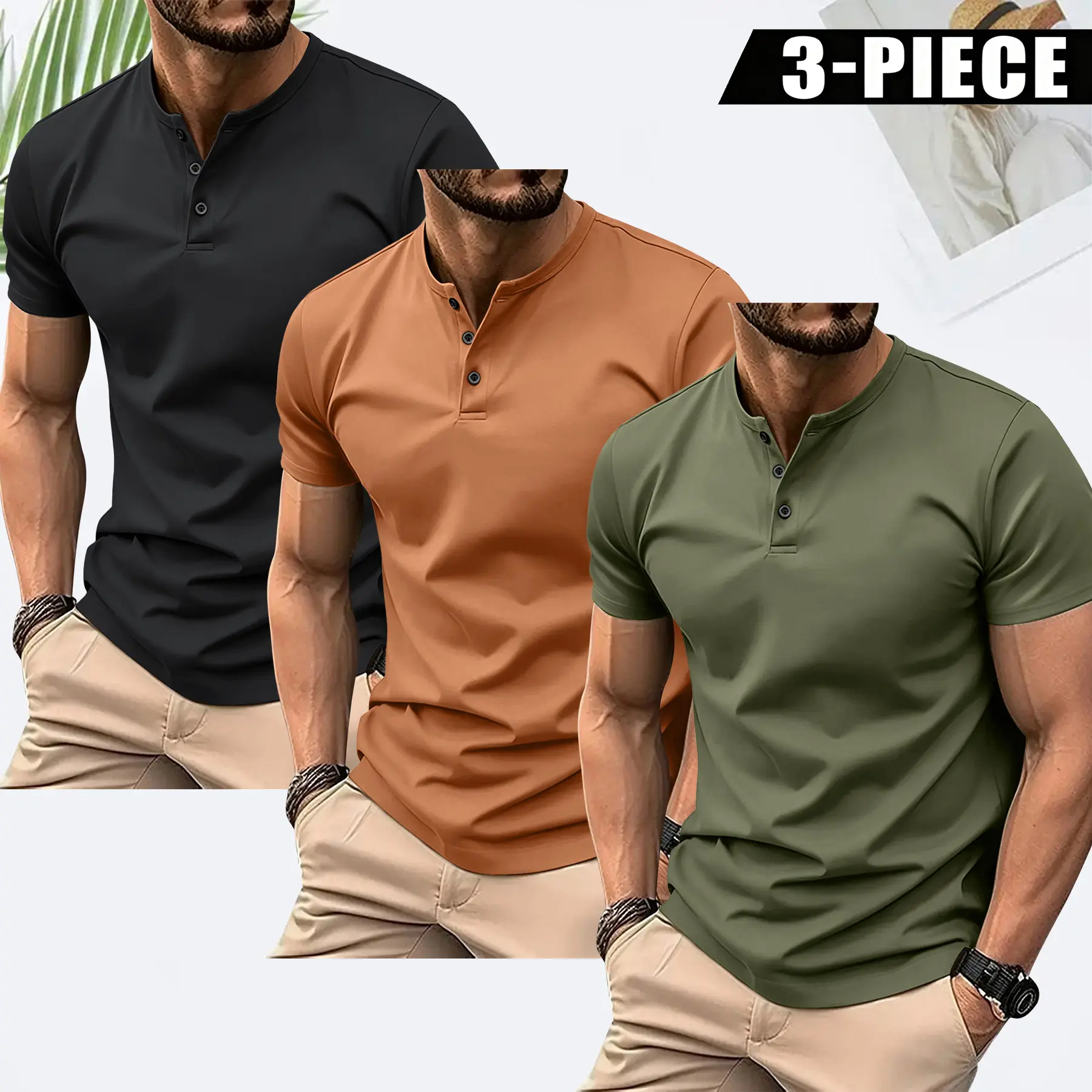 Mult-Pack Men’s Fashion Short Sleeve Henley Shirts, Solid Color, Elastic & Skin-Friendly Fabric, Button Placket Henley Neck Tees; Vintage Y2K Casual Streetwear Basic Tops for Men; Perfect for Daily Hangouts, Basketball, Surfing and All Outdoor Activities;
