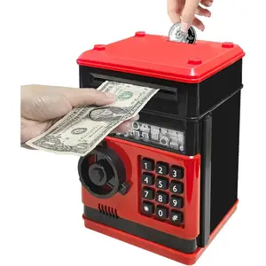 Mini ATM Piggy Bank with Electronic Code, Money Counter Safe Box Coin Bank for Kids, Password Lock Case (Black Red)