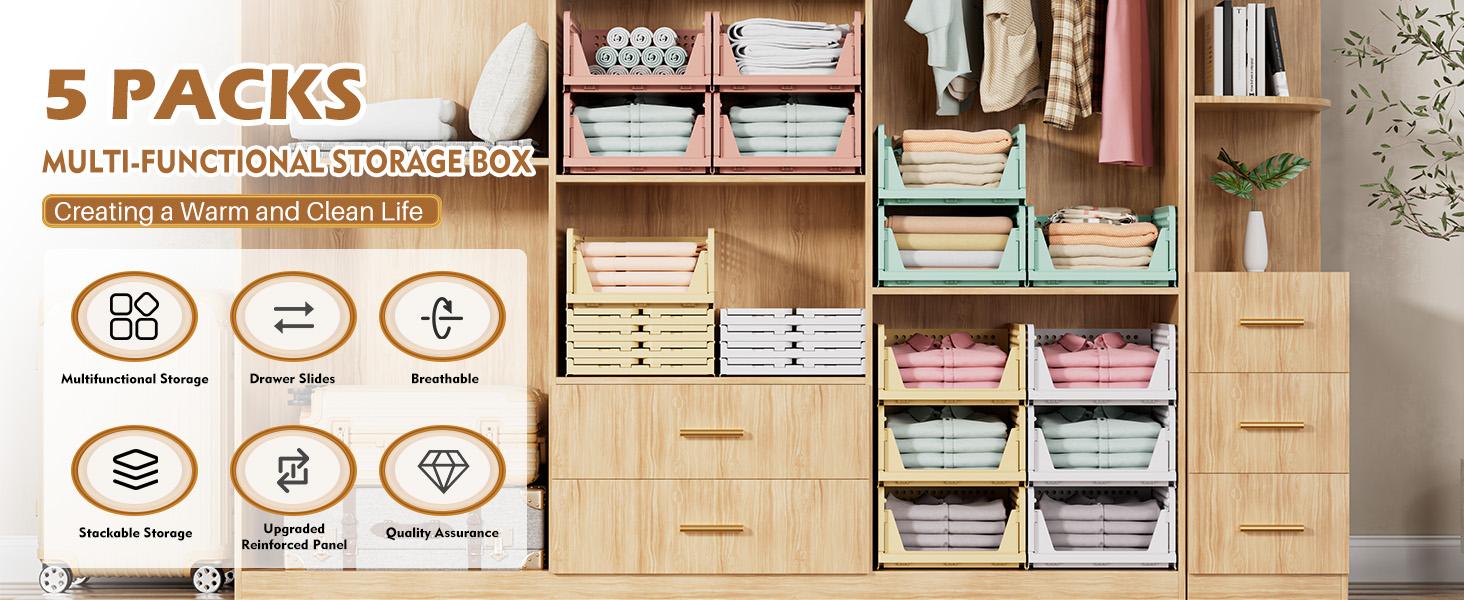 SNSLXH 5 Pack Stackable Closet Storage Basket, Multifunctional & Foldable Closet Organizer for Bathroom Kitchen Laundry Room Wardrobe Storage, Space-Saving Clothes Storage Drawer Organizer, White