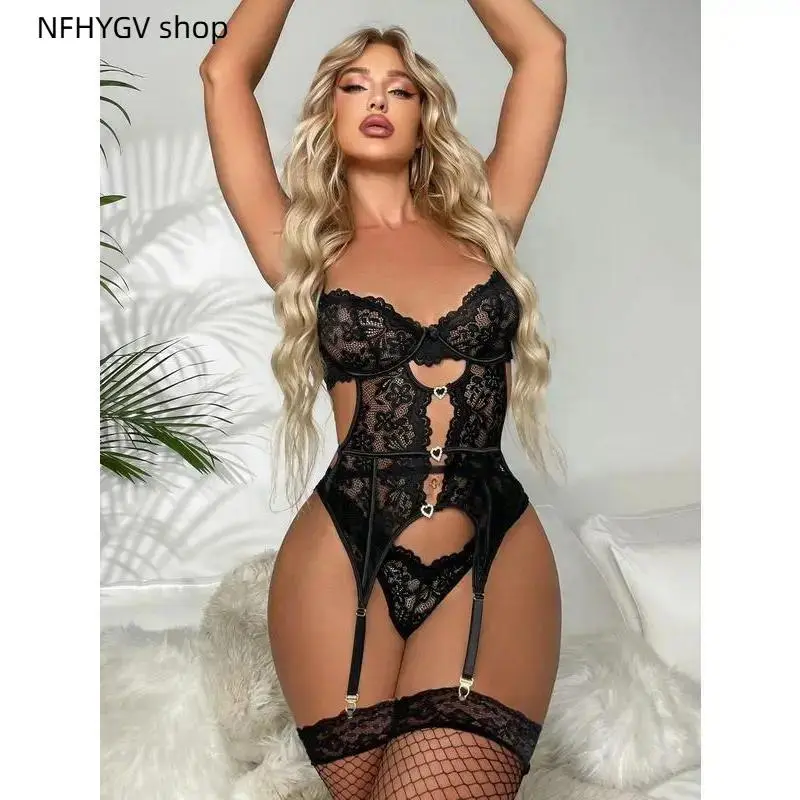 Women Black Floral Lace Mesh Sheer Bodysuit, Rhinestone Decor Y2K Lingerie with Matching Garter Belts, Soft Comfort Night Sleepwear