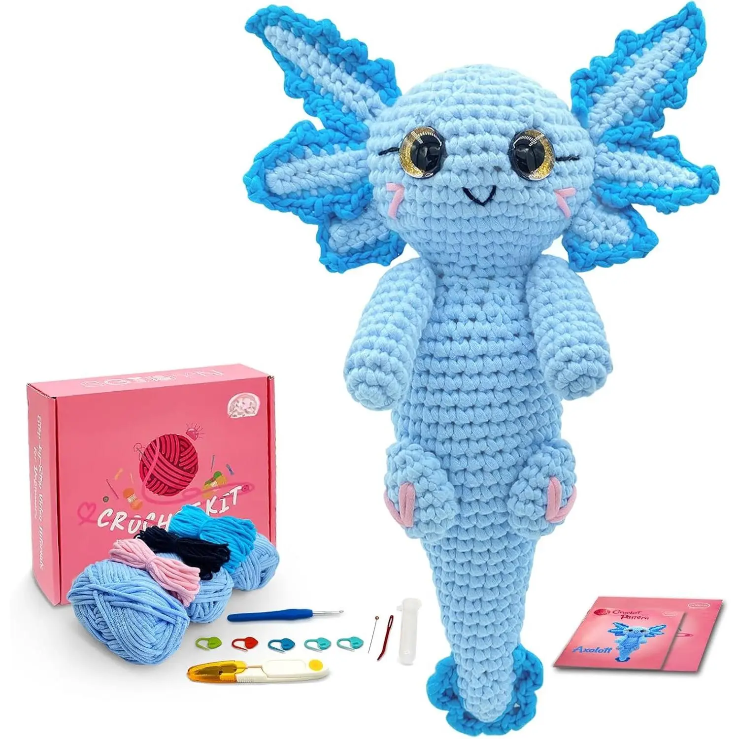Beginner Crochet Kit - DIY 11.8 in Large Amigurumi Axolotl, Video Guide, Step-by-Step Tutorials for Cozy Crafting