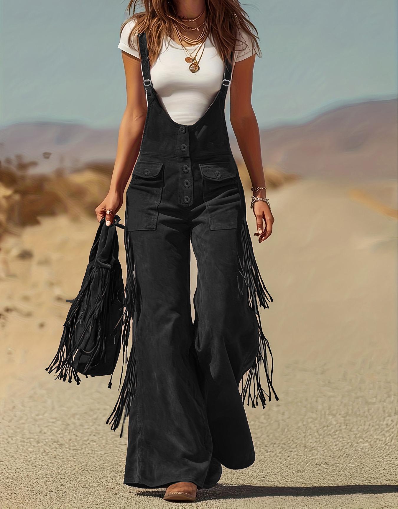 Women's Retro Faux Suede Fringe Wide-Leg Cargo Pants